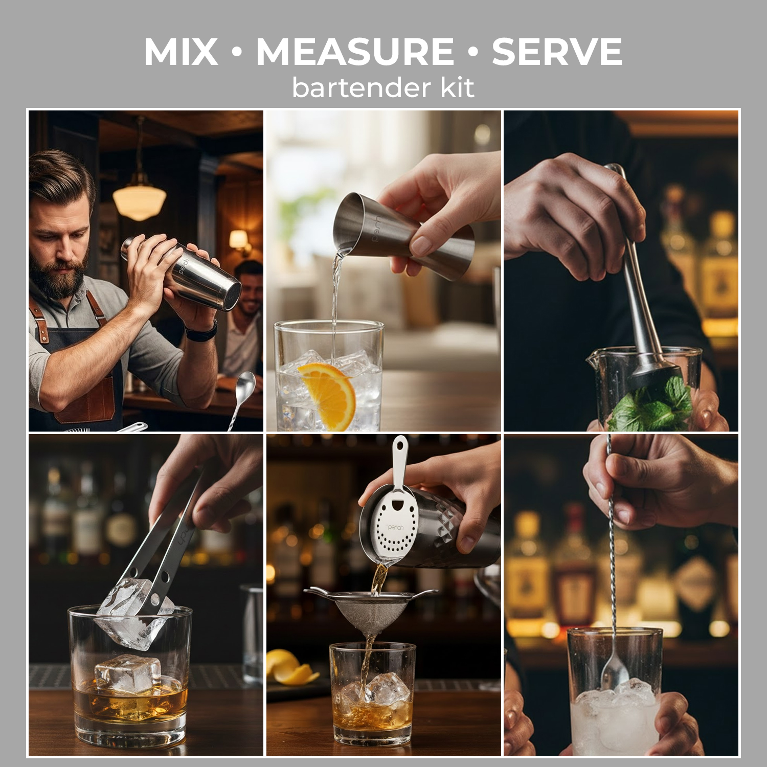 Craft 6-Piece Stainless Steel Belly Cocktail Shaker Set with Bar Tools – Silver