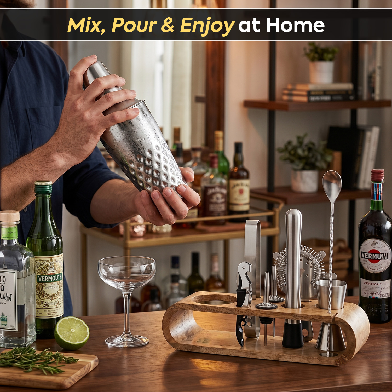 O' Holic 10-Piece Bartender Kit with Mango Wooden Stand | Diamond Cocktail Shaker | Silver