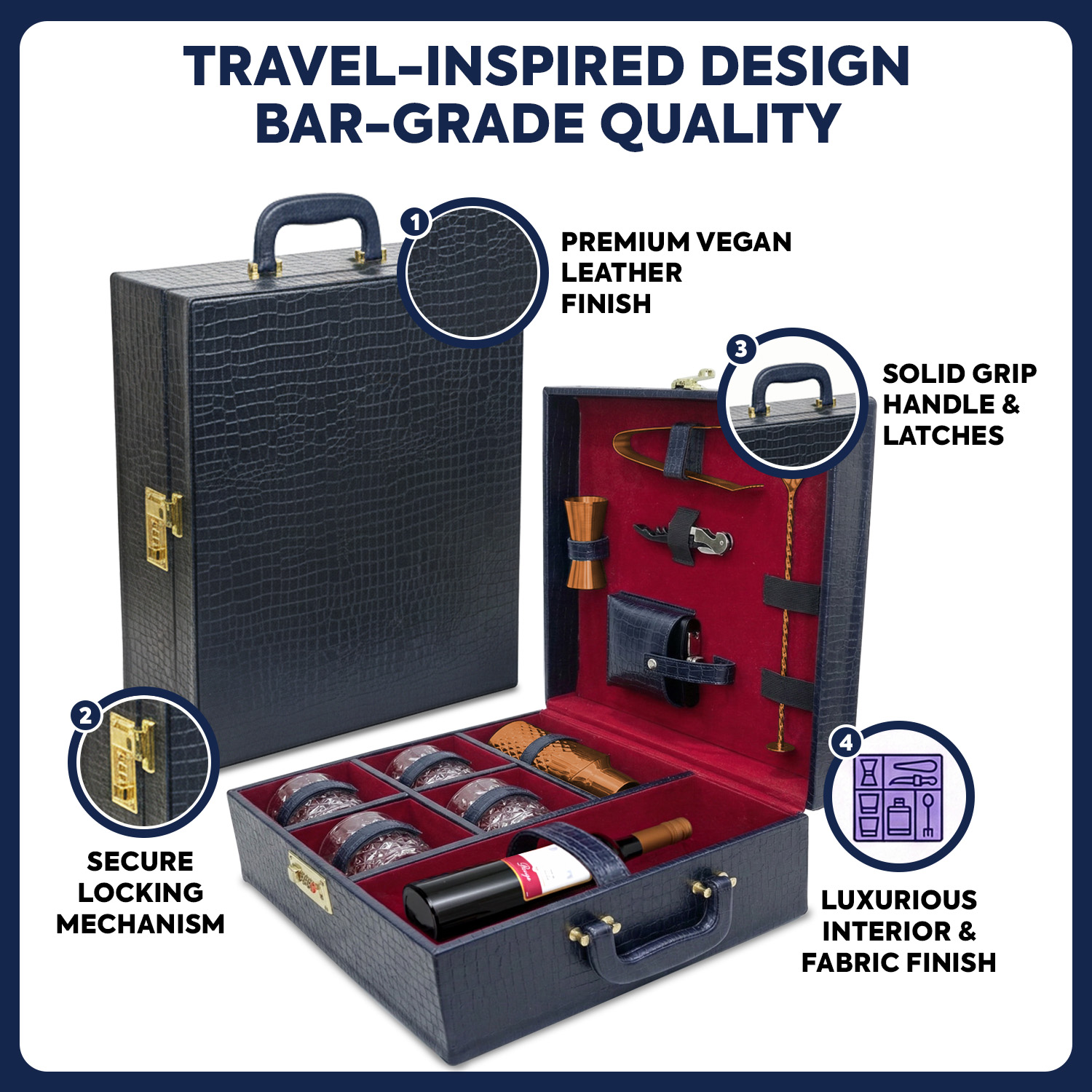 11-Piece Crocodile Print Leatherette Suitcase Bar Set with Belly Cocktail Shaker & 4 Whisky Glasses – Rose Gold
