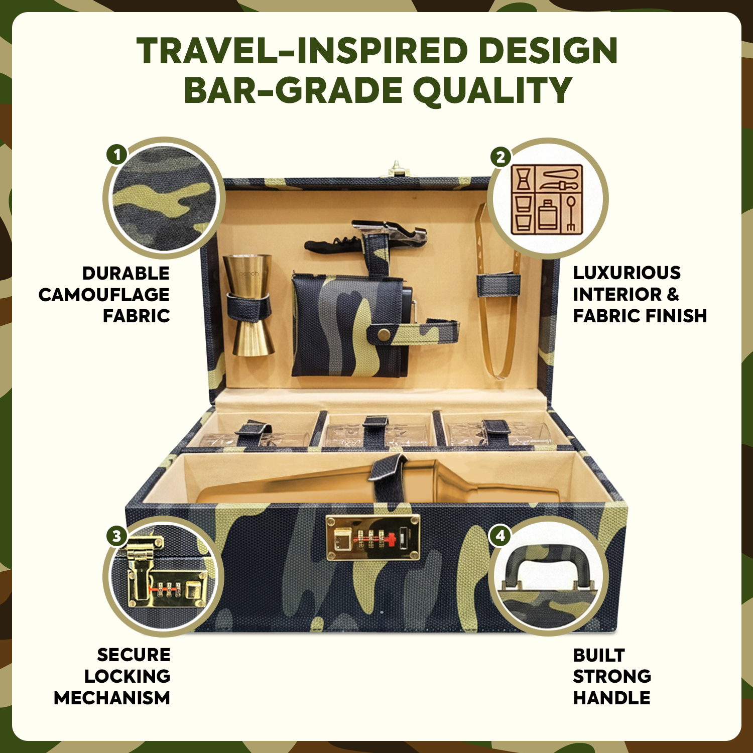 9-Piece Army Print Leatherette Suitcase Bar Set with Cocktail Shaker & 3 Whisky Glasses – Golden