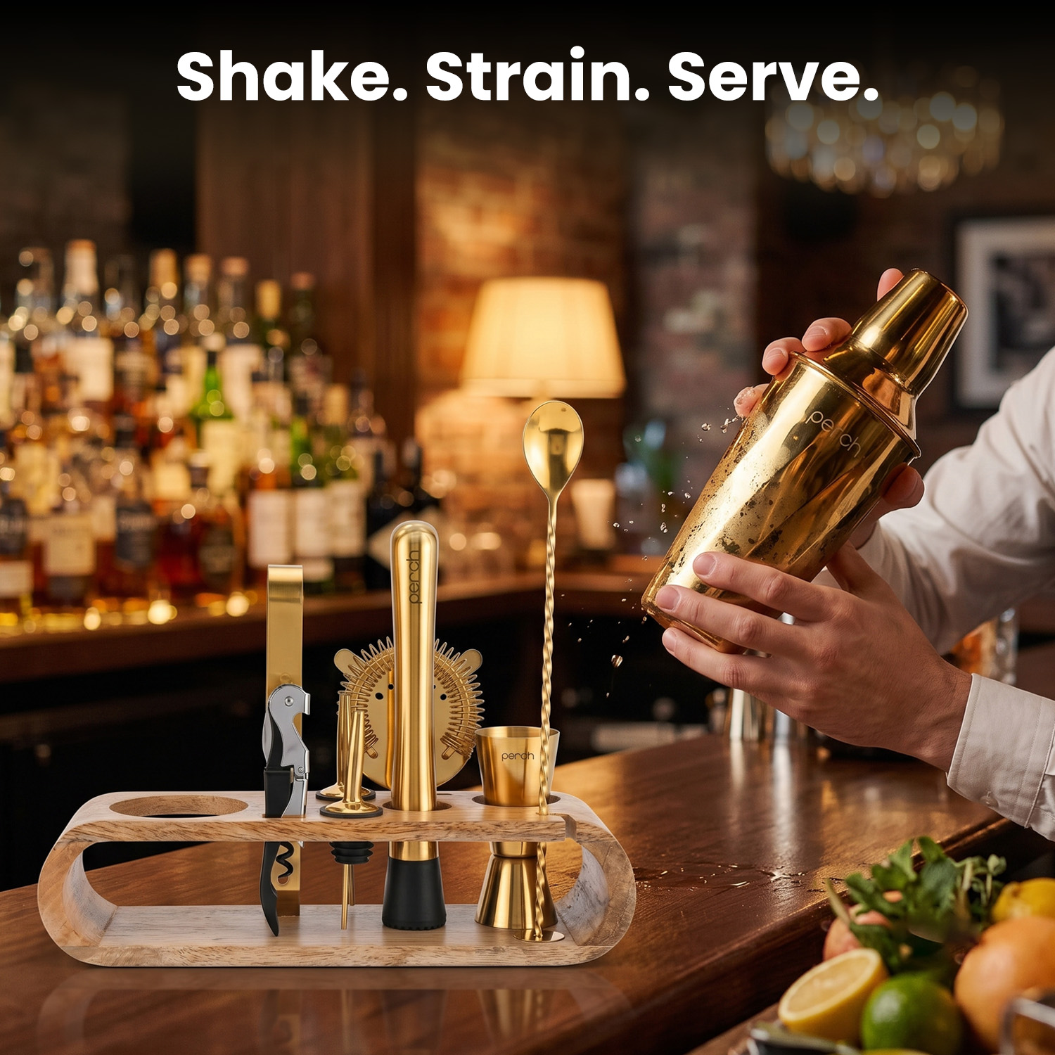 O' Holic 10-Piece Bartender Kit with Mango Wooden Stand | Belly Cocktail Shaker | Rose Gold