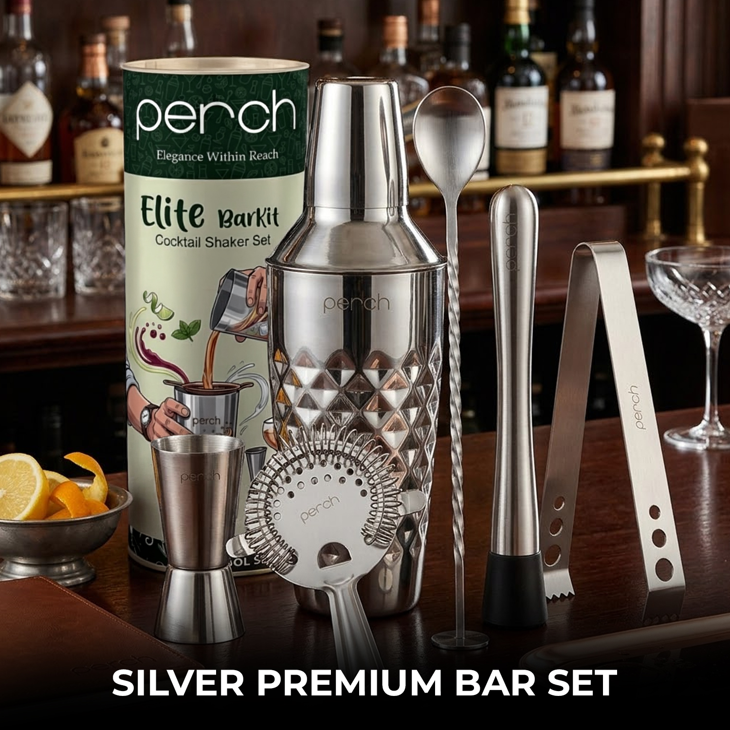 Elite 6-Piece Stainless Steel Bartender Kit |  Diamond Cocktail Shaker Set with Bar Tools -Silver