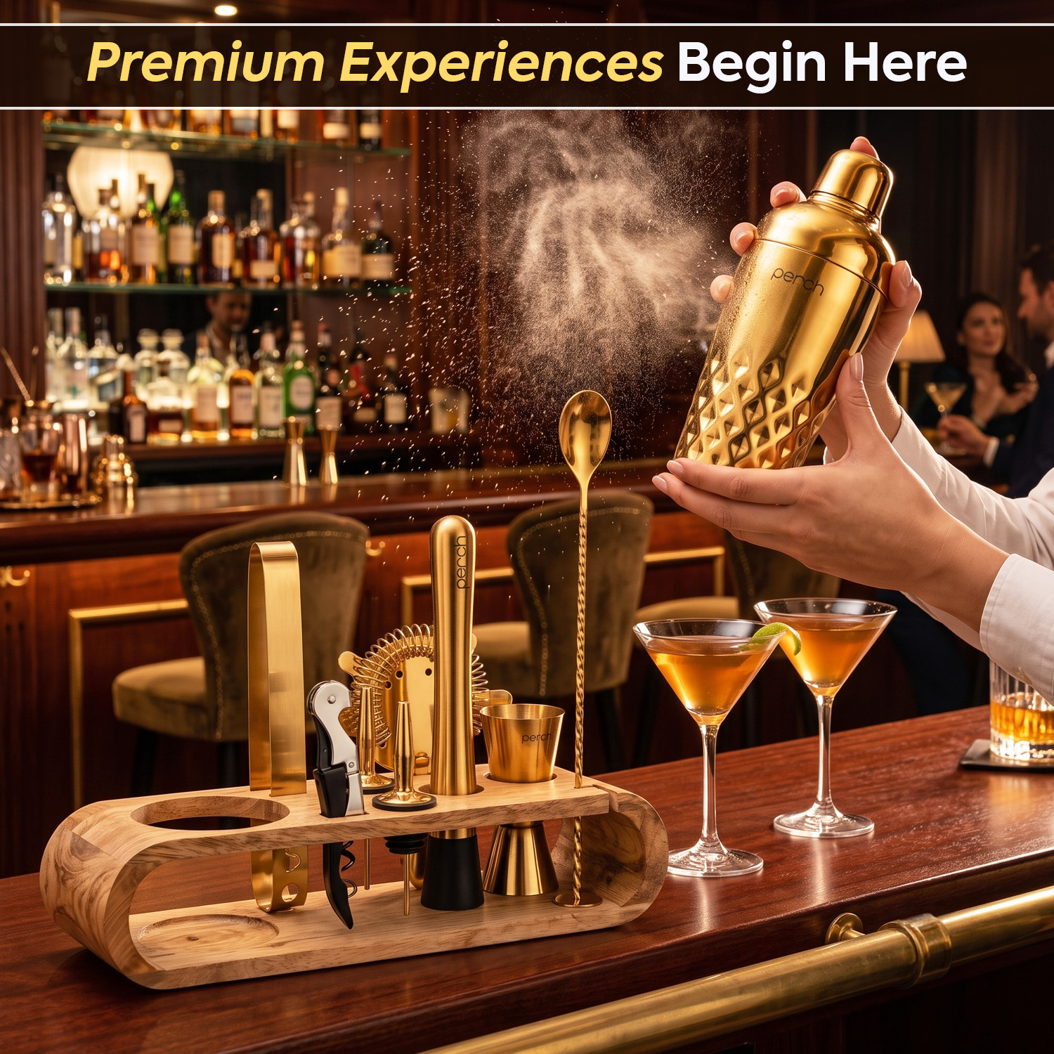 O' Holic 10-Piece Bartender Kit with Mango Wooden Stand | Belly Cocktail Shaker | Golden