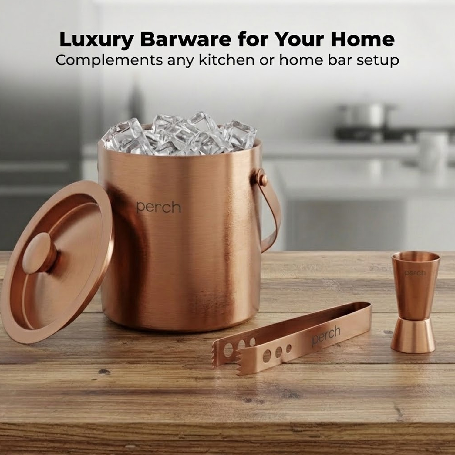 Rose Gold Stainless Steel Ice Bucket Set with Lid, Handle, Ice Tong & Jigger – 1.5L