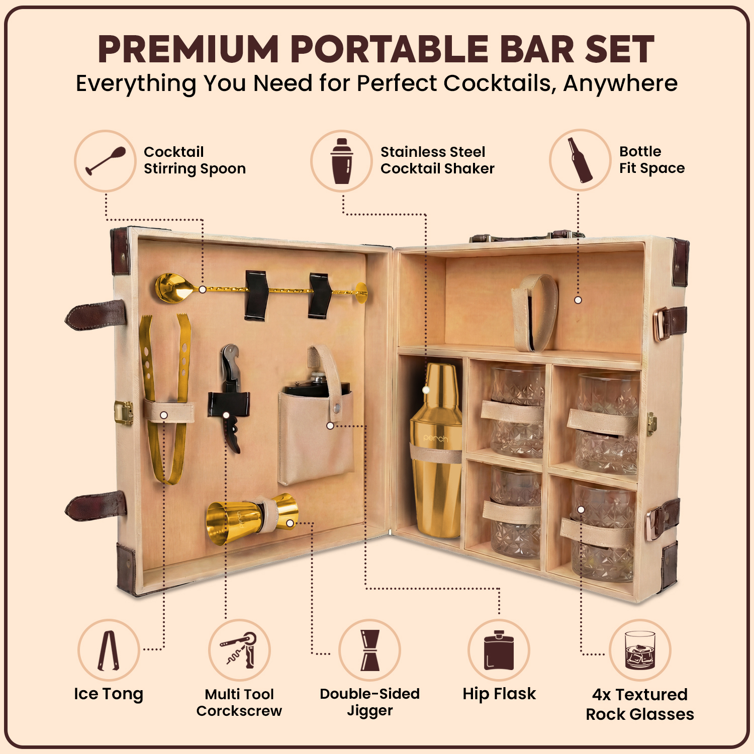 11-Piece Brown Leatherette Suitcase Bar Set with Twist Cocktail Shaker & 4 Whisky Glasses – Golden