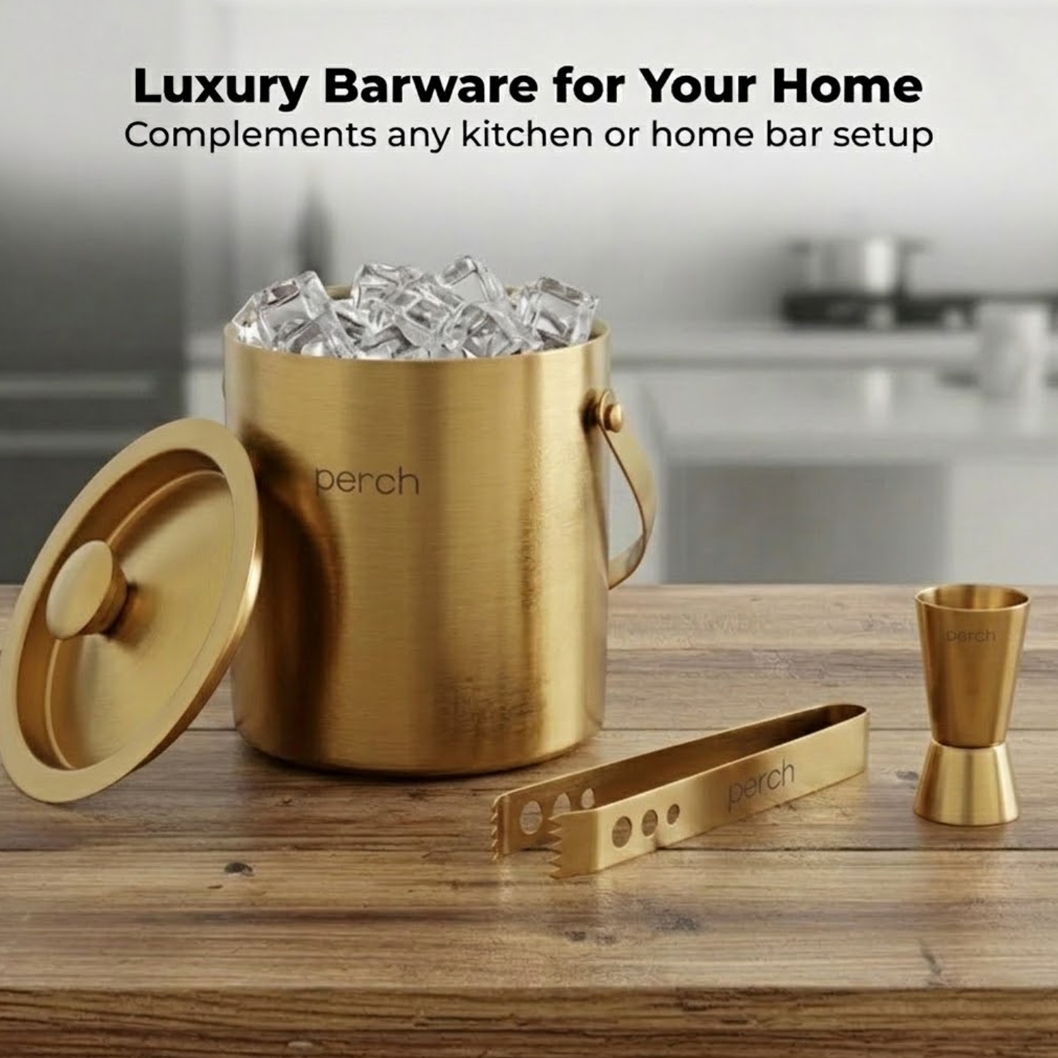 Gold Stainless Steel Ice Bucket Set with Lid, Handle, Ice Tong & Jigger – 1.5L
