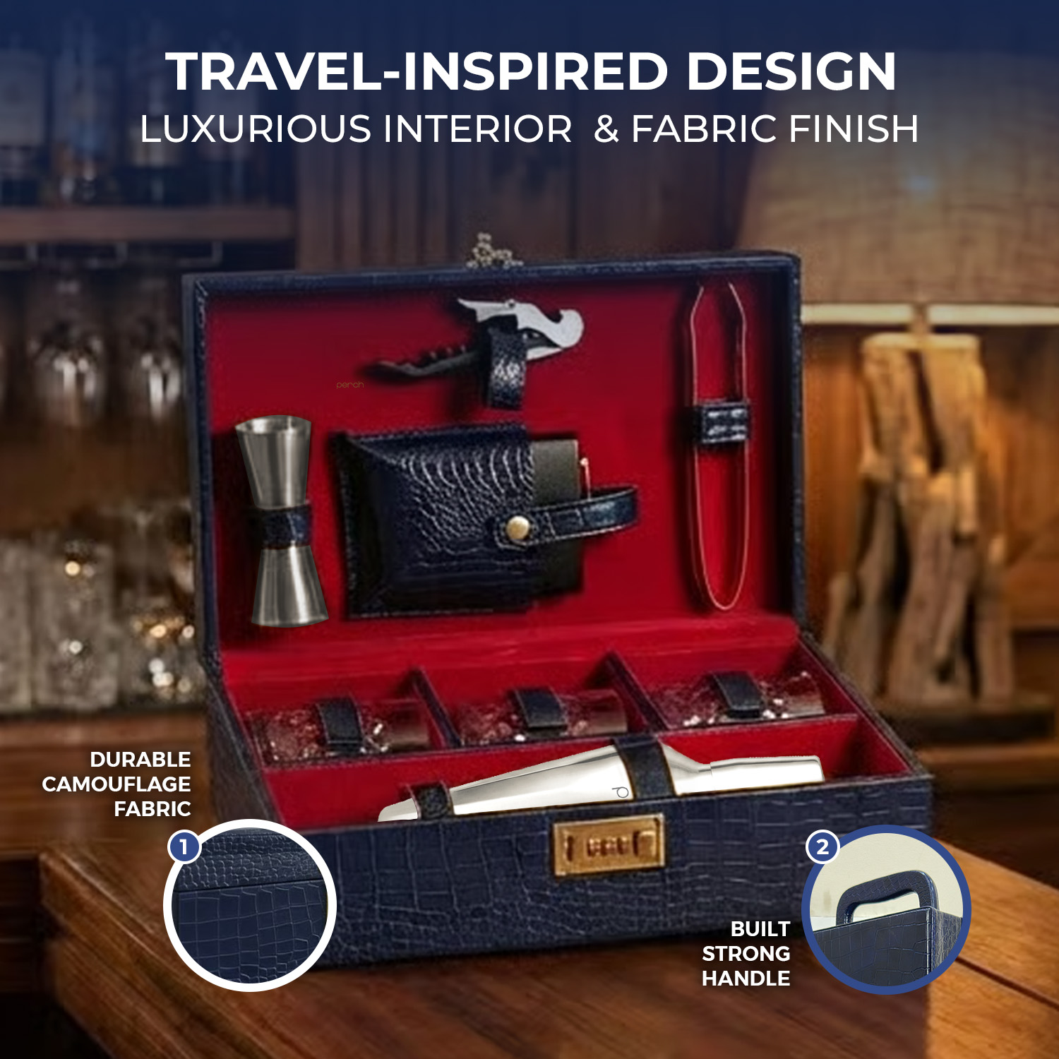 9-Piece Crocodile Print Leatherette Suitcase Bar Set with Cocktail Shaker & 3 Whisky Glasses – Silver