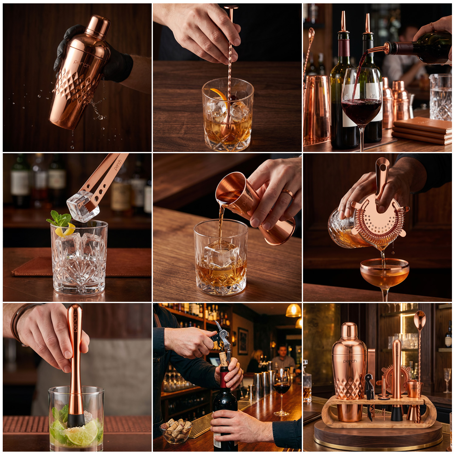 O' Holic 10-Piece Bartender Kit with Mango Wooden Stand | Belly Cocktail Shaker Gift Set | Rose Gold