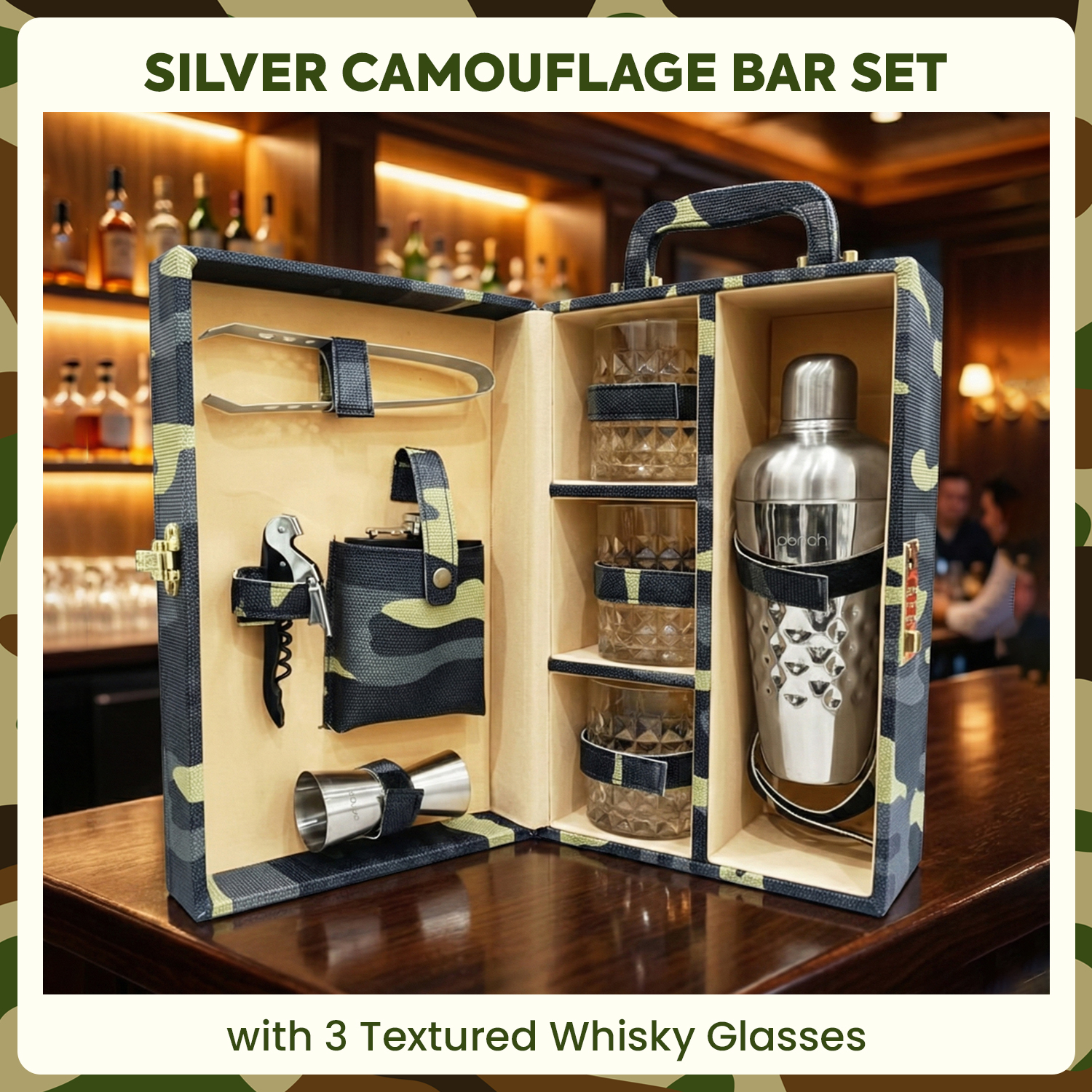 9-Piece Army Print Leatherette Suitcase Bar Set with Cocktail Shaker & 3 Whisky Glasses – Silver