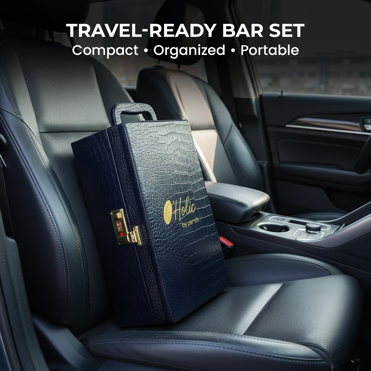 9-Piece Crocodile Print Leatherette Suitcase Bar Set with Cocktail Shaker & 3 Whisky Glasses – Golden
