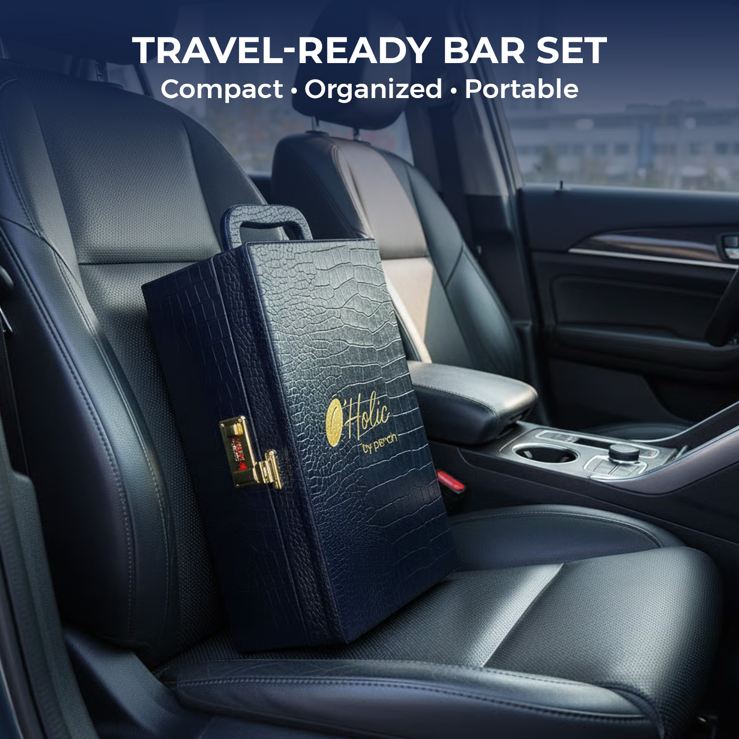 9-Piece Crocodile Print Leatherette Suitcase Bar Set with Cocktail Shaker & 3 Whisky Glasses – Silver