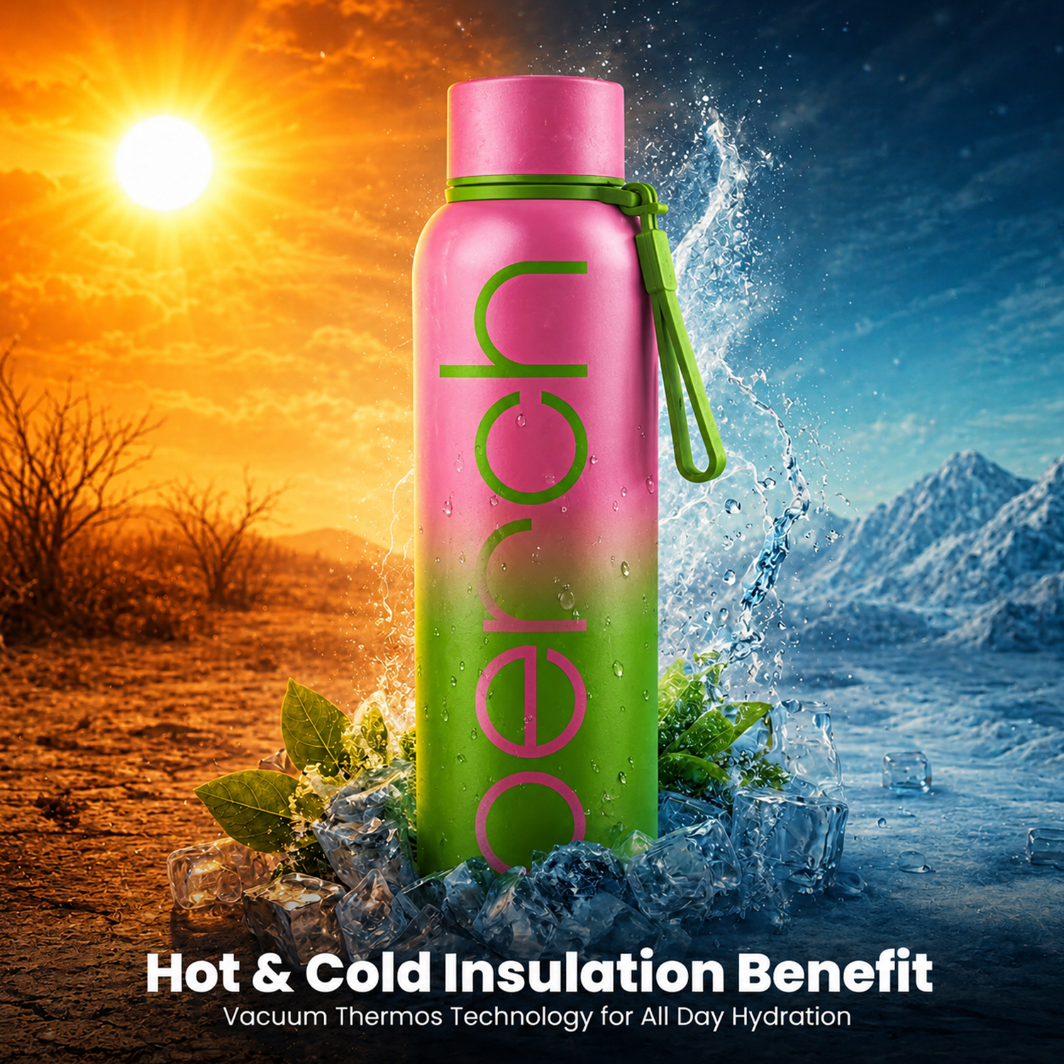 Zion Insulated 720ml Water Bottle, Neon Green & Pink
