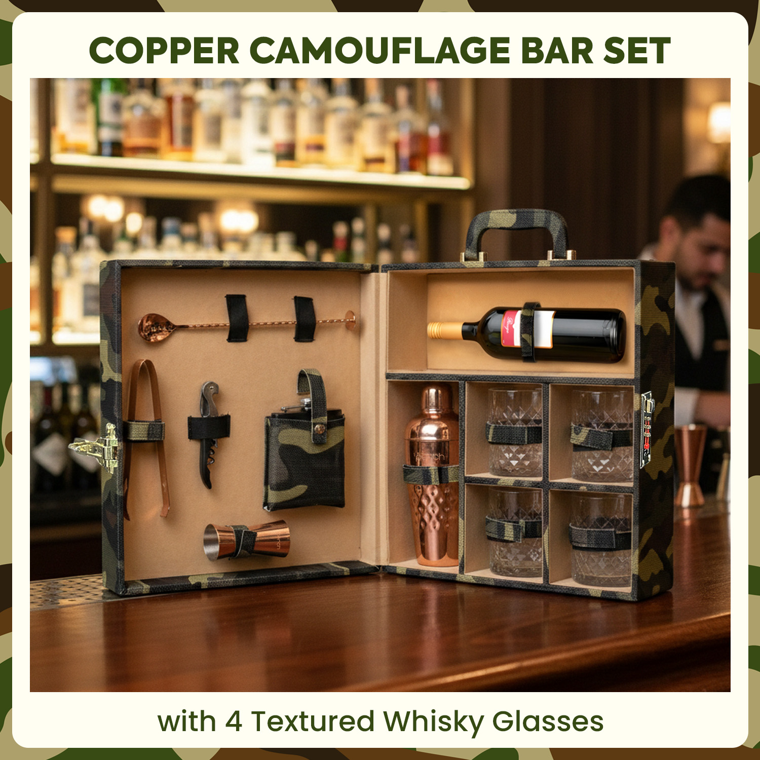 11-Piece Army Print Leatherette Suitcase Bar Set with Belly Cocktail Shaker & 4 Whisky Glasses – Rose Gold