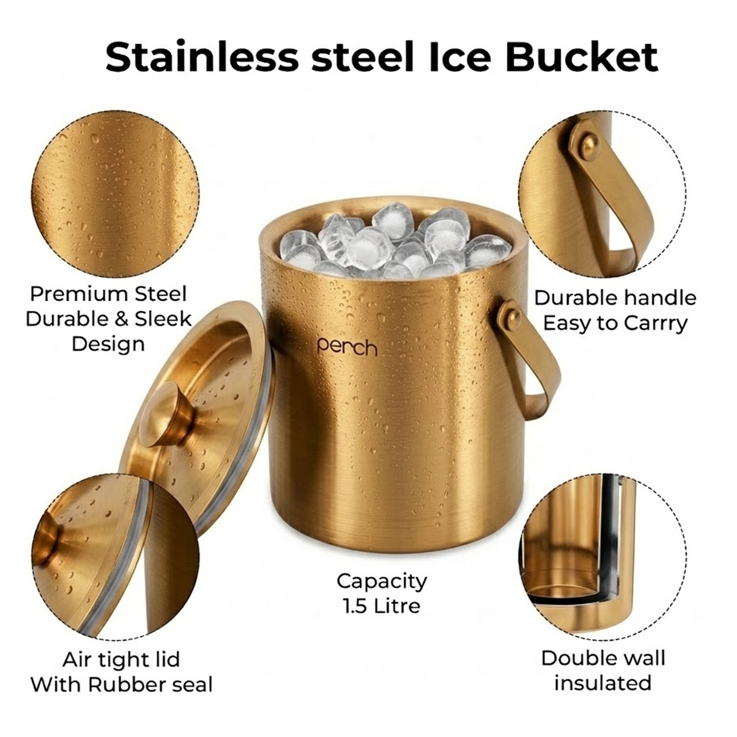 Gold Stainless Steel Ice Bucket Set with Lid, Handle, Ice Tong & Jigger – 1.5L