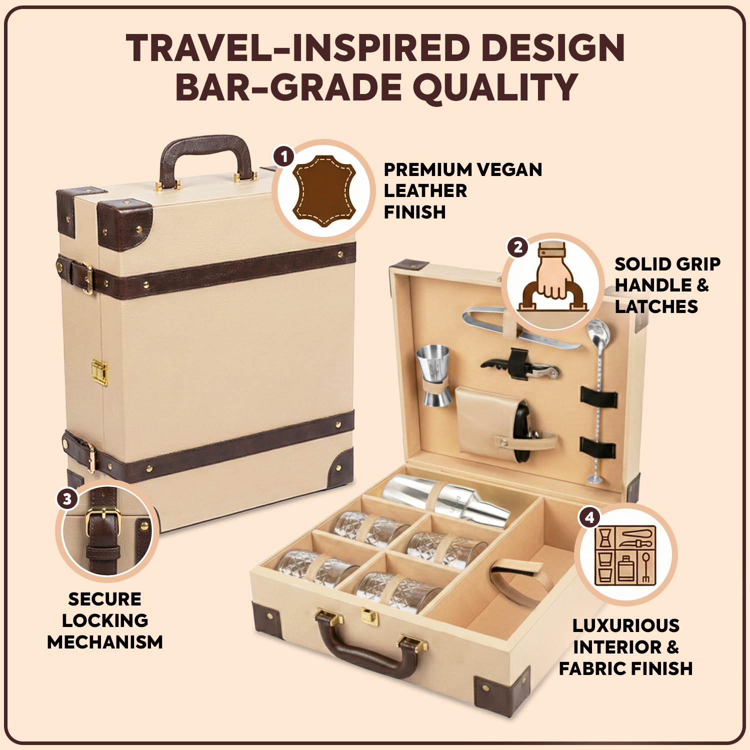 11-Piece Brown Leatherette Suitcase Bar Set with Twist Cocktail Shaker & 4 Whisky Glasses – Silver