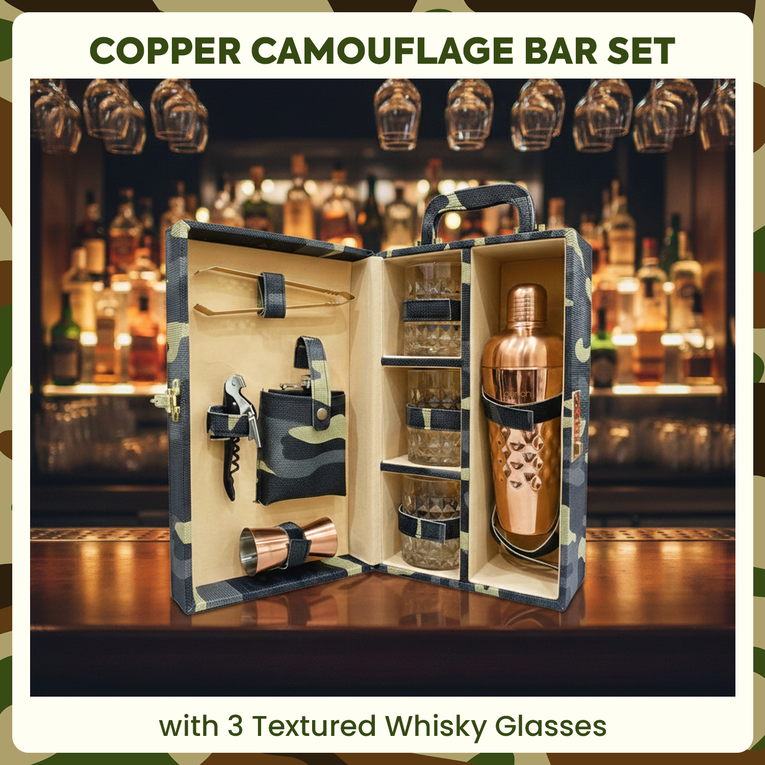 9-Piece Army Print Leatherette Suitcase Bar Set with Cocktail Shaker & 3 Whisky Glasses – Rose Gold