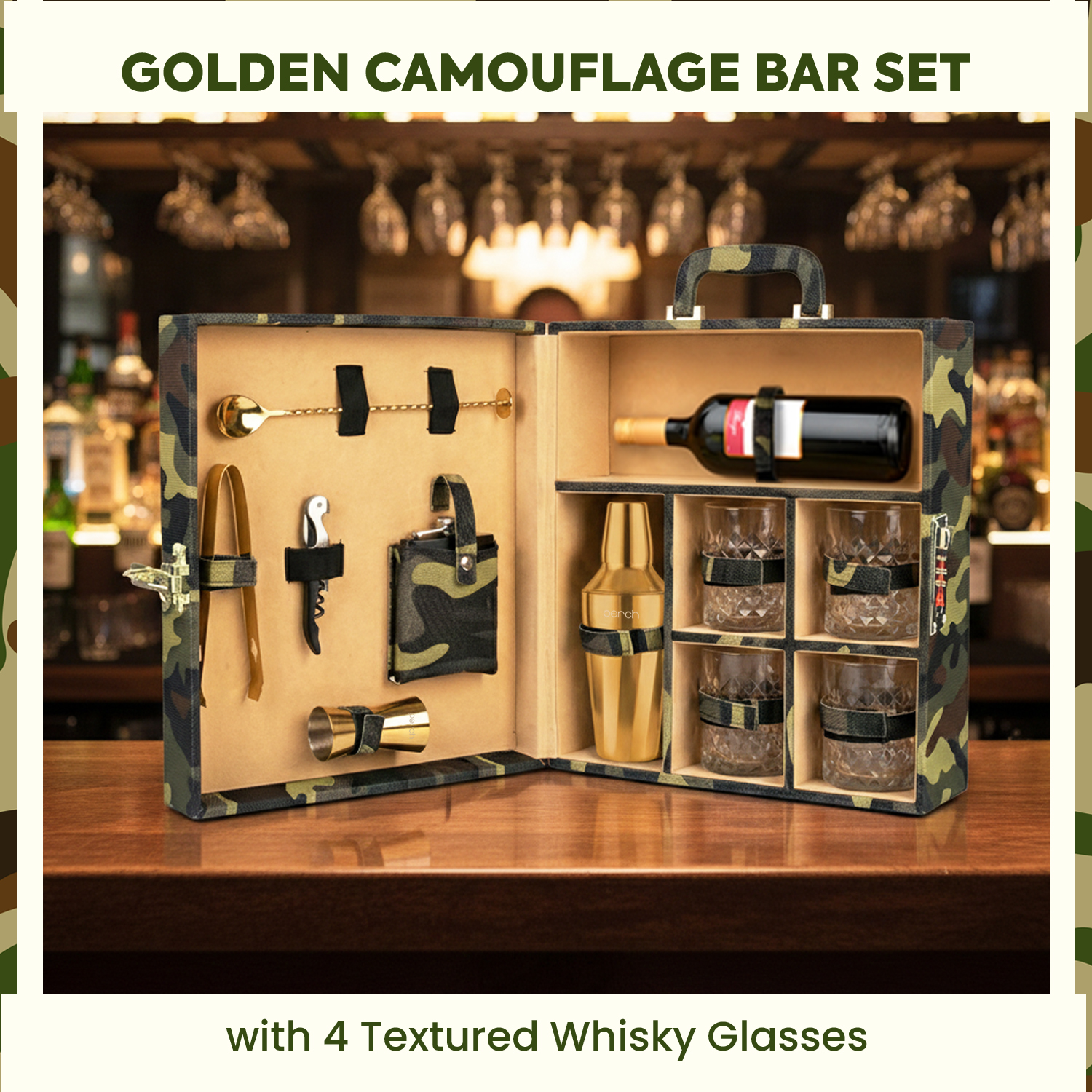 11-Piece Army Print Leatherette Suitcase Bar Set with Twist Cocktail Shaker & 4 Whisky Glasses – Golden