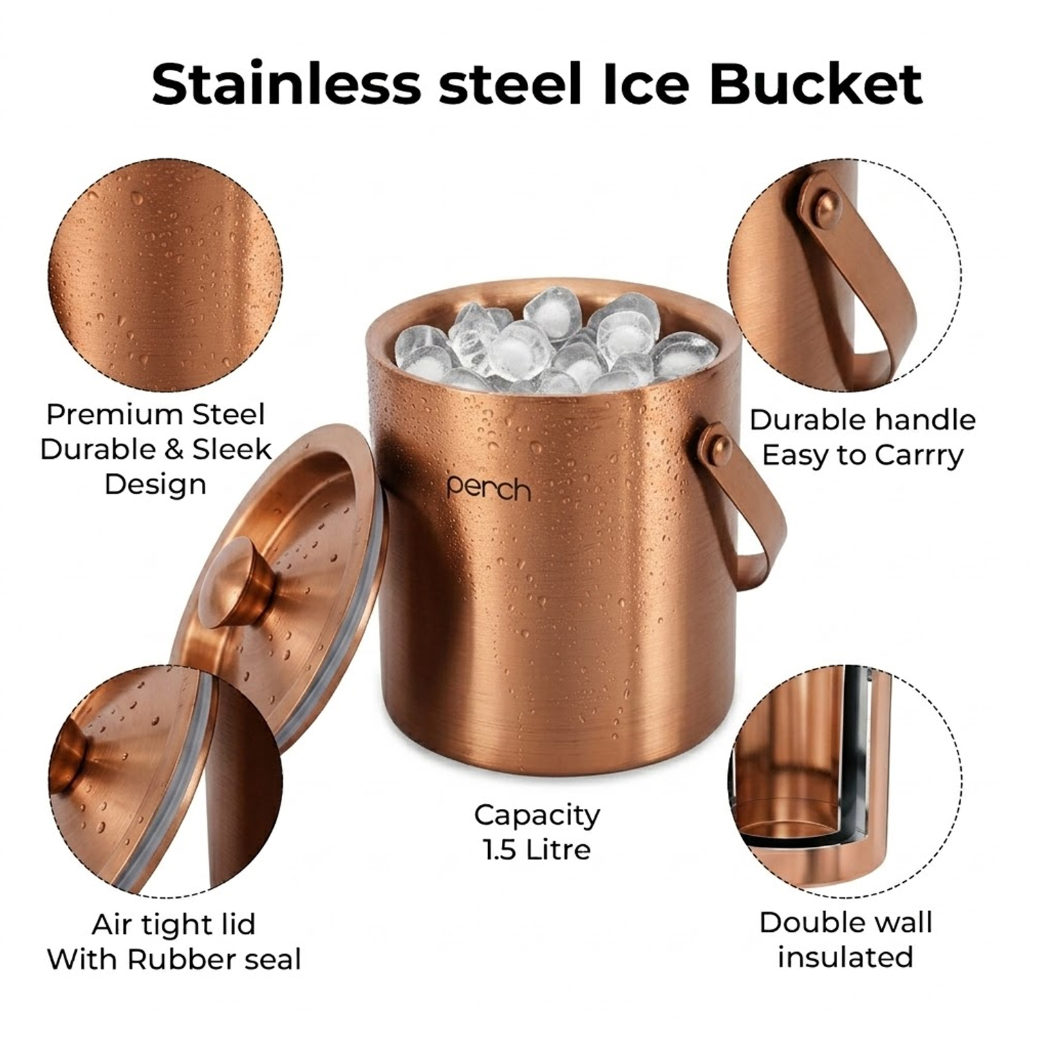 Rose Gold Stainless Steel Ice Bucket Set with Lid, Handle, Ice Tong & Jigger – 1.5L