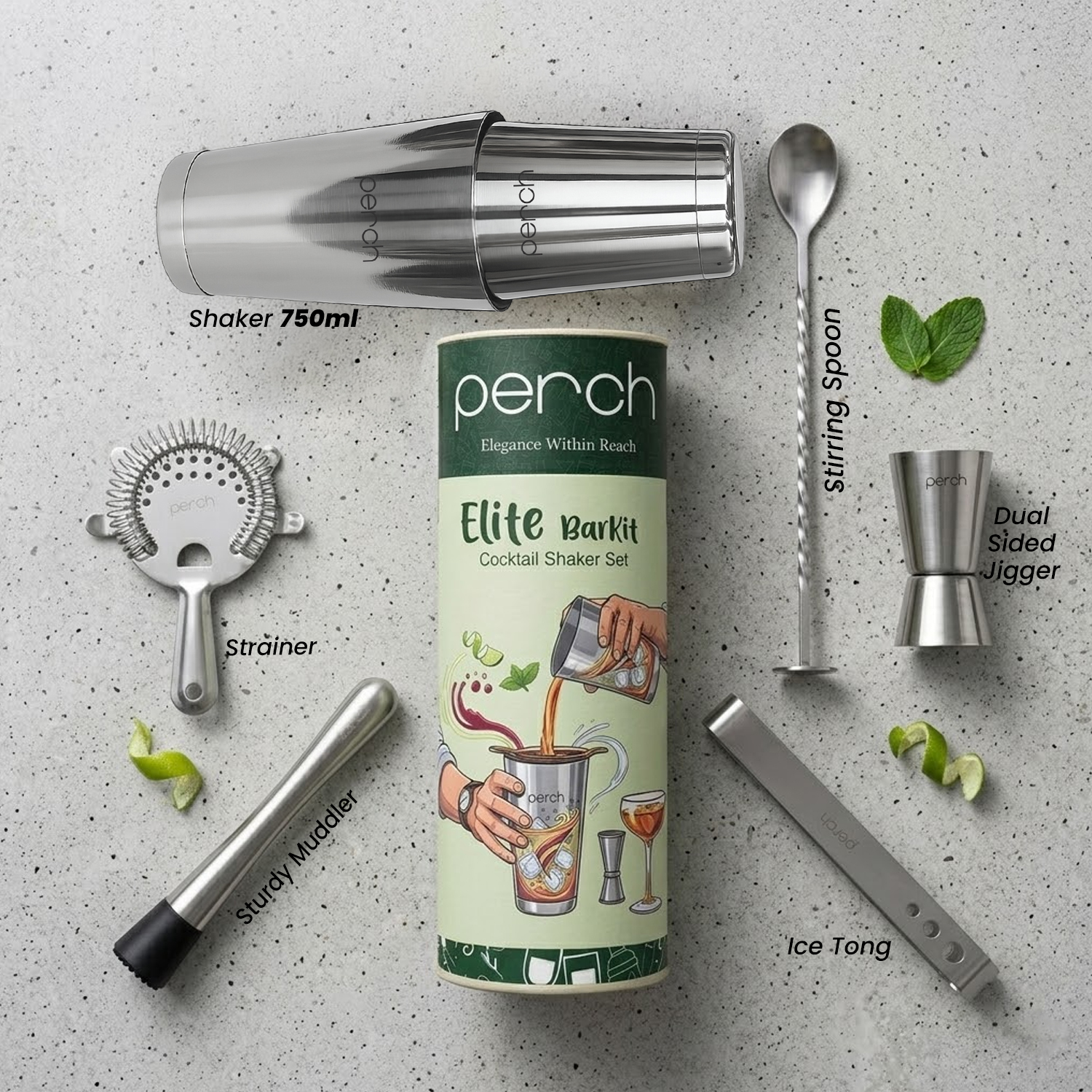 Elite 6-Piece Stainless Steel Bartender Kit | Boston Cocktail Shaker Set with Bar Tools -Silver