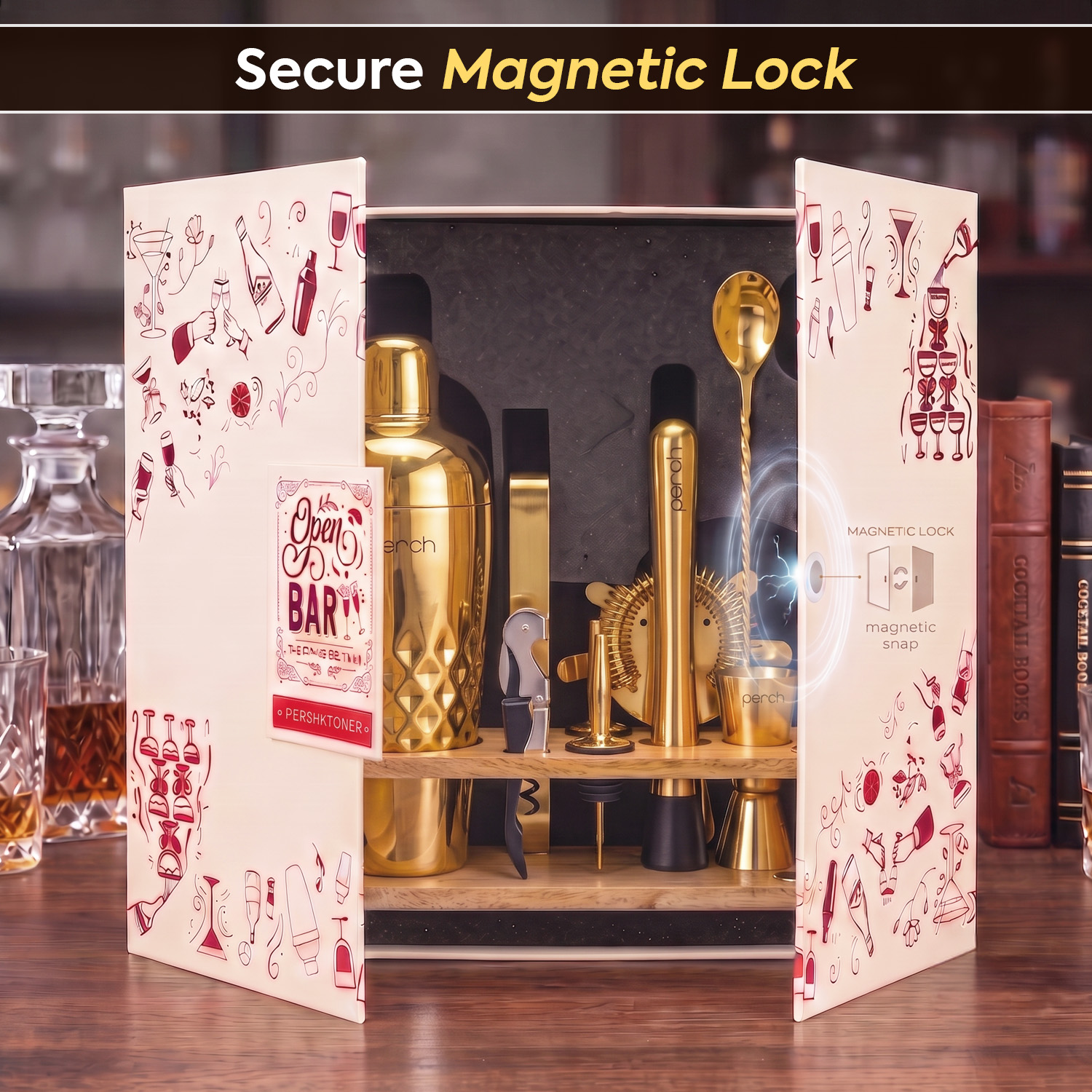 O' Holic 10-Piece Bartender Kit with Mango Wooden Stand | Belly Cocktail Shaker Gift Set | Golden