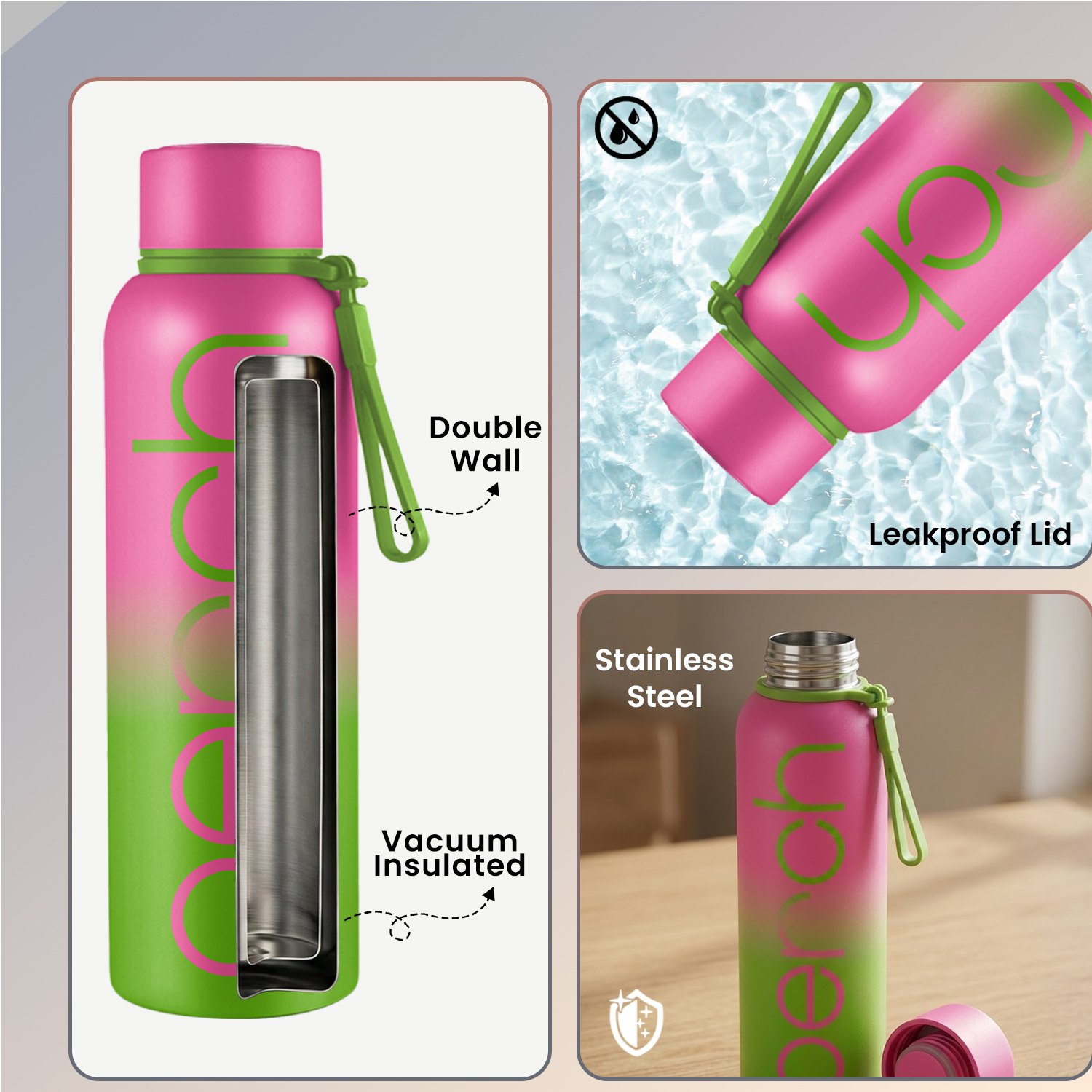 Zion Insulated 720ml Water Bottle, Neon Green & Pink