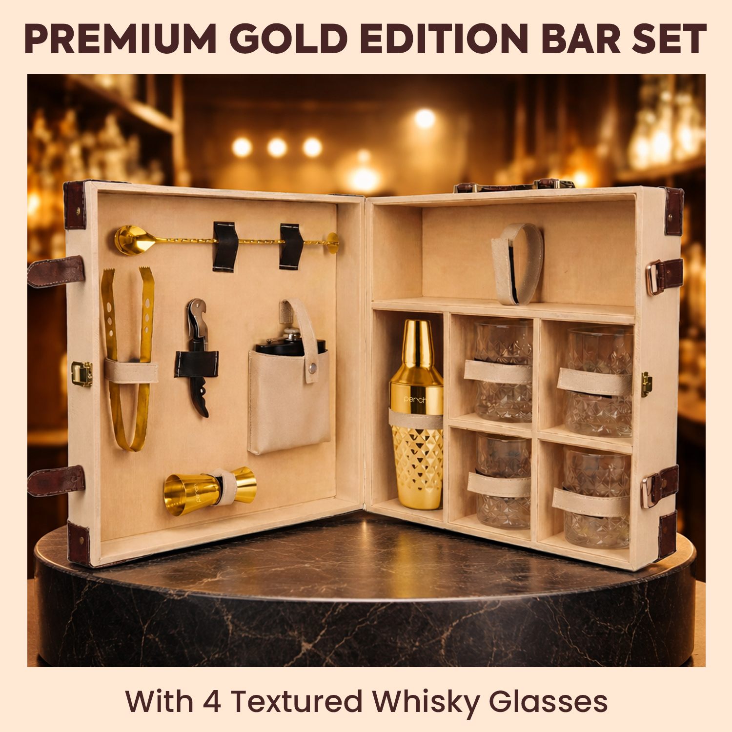 11-Piece Brown Leatherette Suitcase Bar Set with Diamond Cocktail Shaker & 4 Whisky Glasses – Golden
