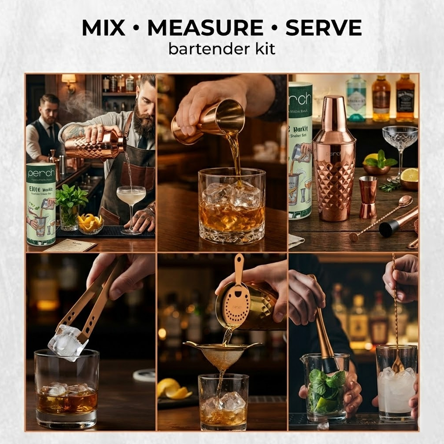 Elite 6-Piece Stainless Steel Bartender Kit | Diamond Cocktail Shaker Set with Bar Tools - Rose Gold