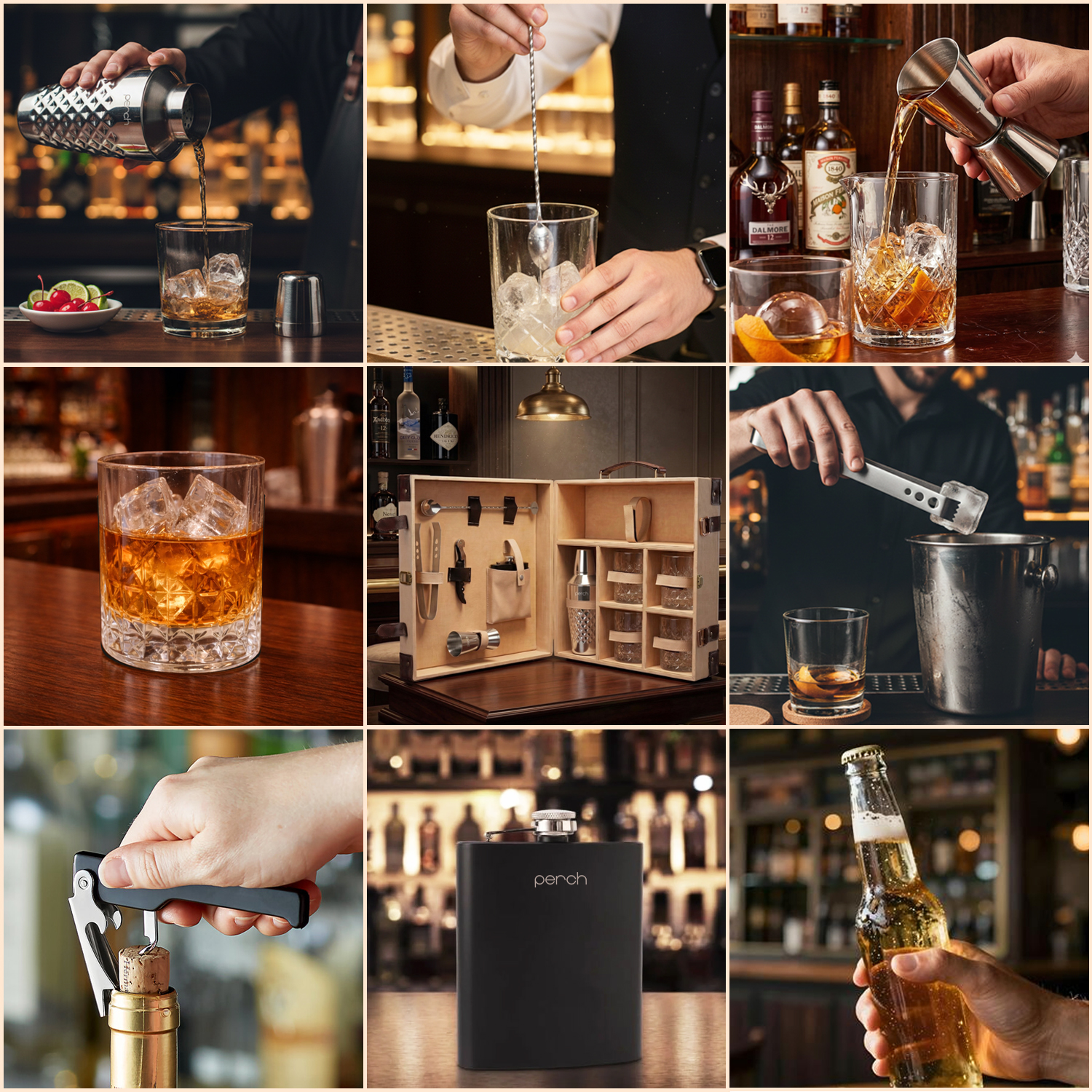 11-Piece Brown Leatherette Suitcase Bar Set with Diamond Cocktail Shaker & 4 Whisky Glasses – Silver