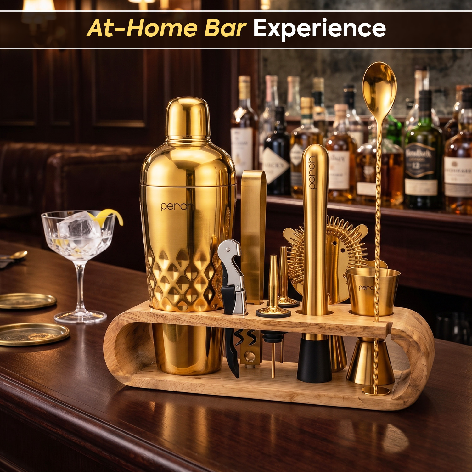 O' Holic 10-Piece Bartender Kit with Mango Wooden Stand | Belly Cocktail Shaker Gift Set | Golden