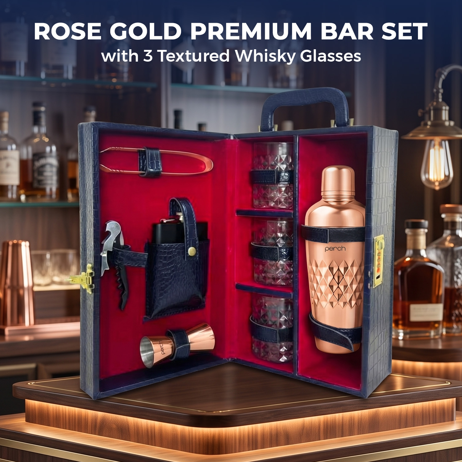 9-Piece Crocodile Print Leatherette Suitcase Bar Set with Cocktail Shaker & 3 Whisky Glasses – Rose Gold