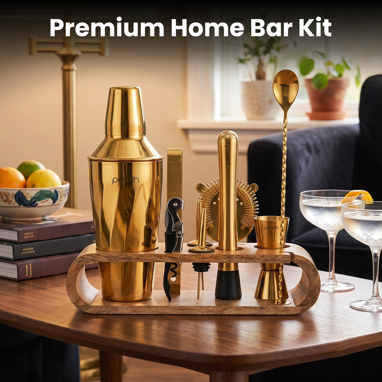 O' Holic 10-Piece Bartender Kit with Mango Wooden Stand | Belly Cocktail Shaker | Rose Gold