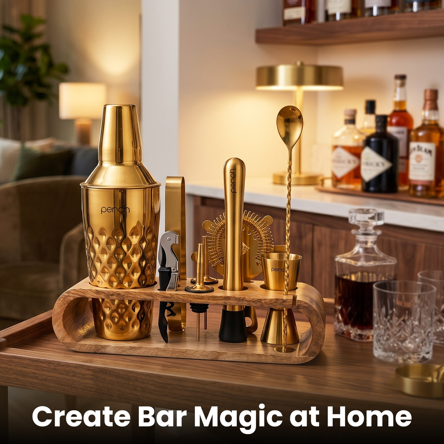 O' Holic 10-Piece Bartender Kit with Mango Wooden Stand | Diamond Cocktail Shaker | Golden