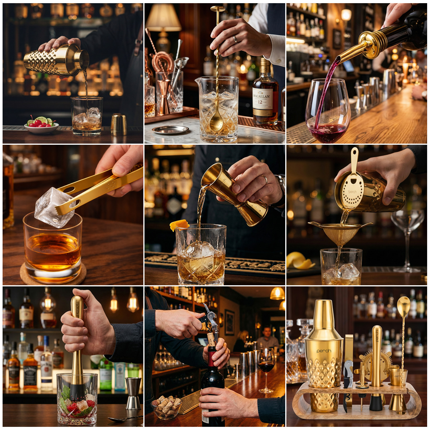 O' Holic 10-Piece Bartender Kit with Mango Wooden Stand | Diamond Cocktail Shaker Gift Set | Golden