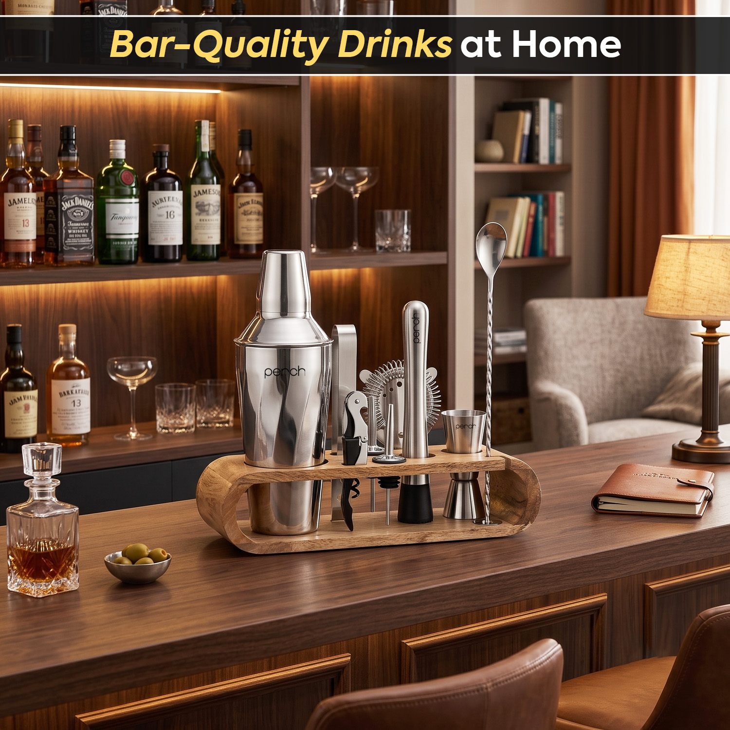 O' Holic 10-Piece Bartender Kit with Mango Wooden Stand | Twist Cocktail Shaker | Silver
