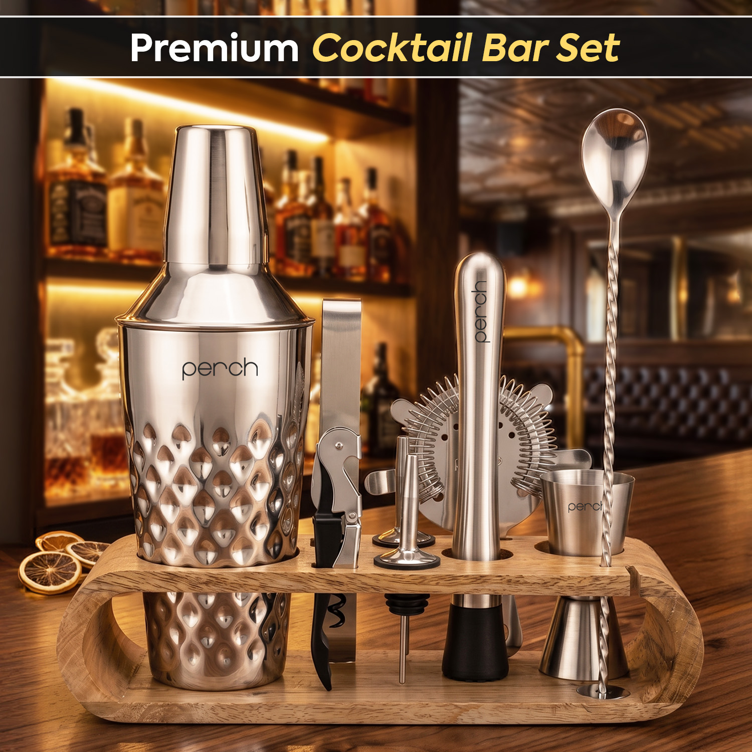 O' Holic 10-Piece Bartender Kit with Mango Wooden Stand | Diamond Cocktail Shaker | Silver
