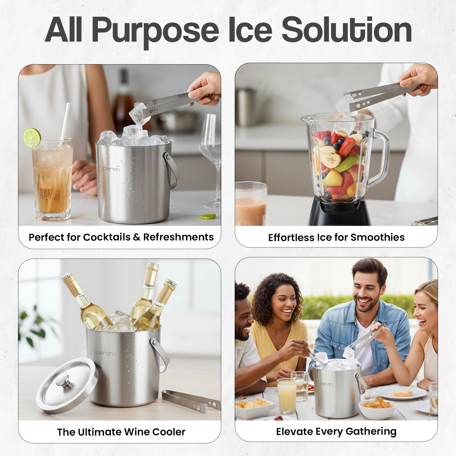 Silver Stainless Steel Ice Bucket Set with Lid, Handle & Ice Tong – 1.5L