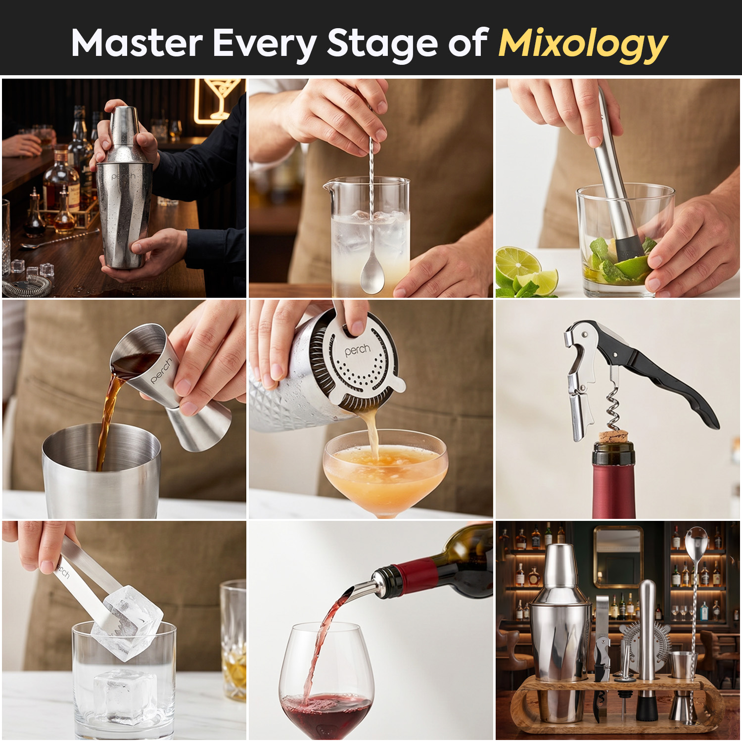 O' Holic 10-Piece Bartender Kit with Mango Wooden Stand | Twist Cocktail Shaker | Silver