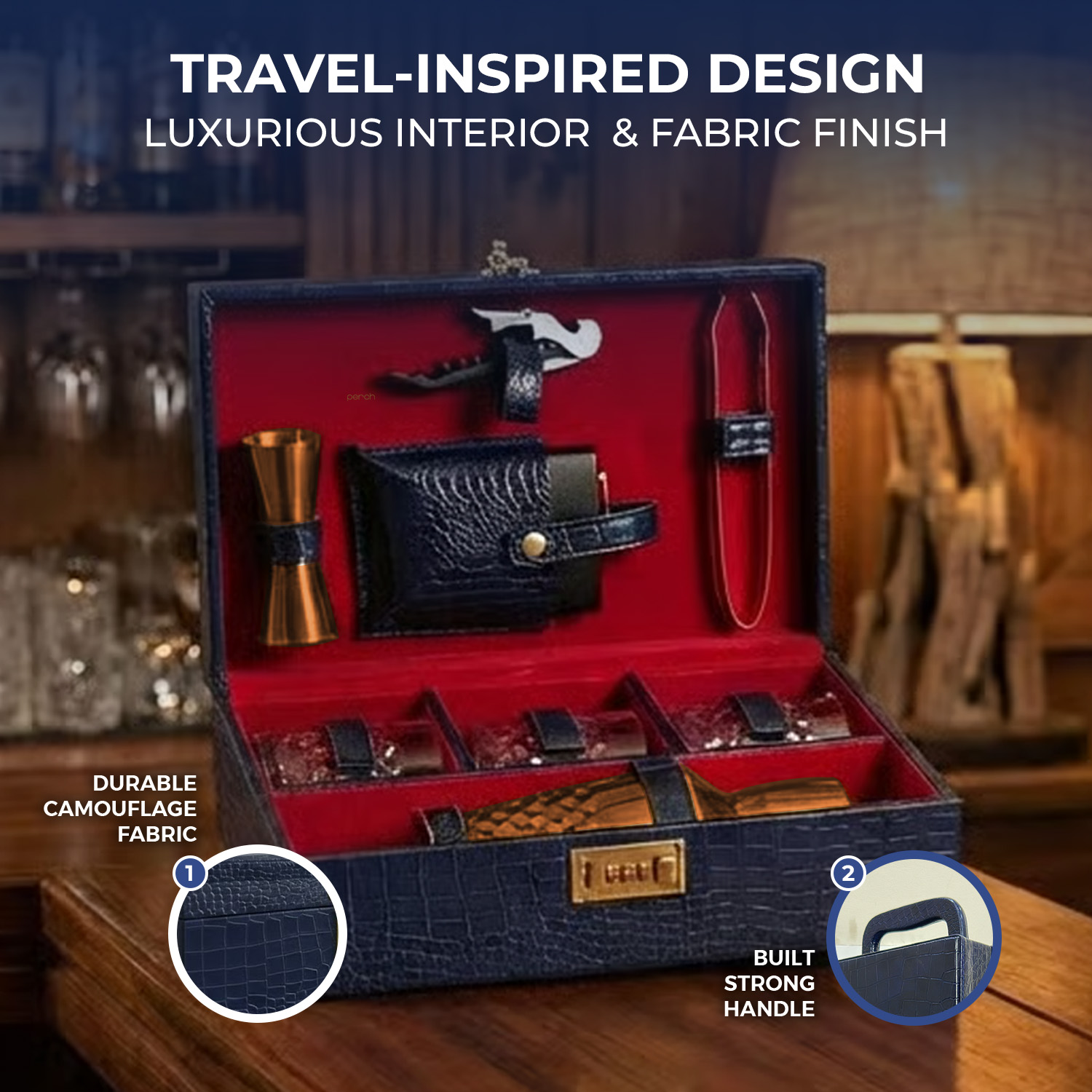 9-Piece Crocodile Print Leatherette Suitcase Bar Set with Cocktail Shaker & 3 Whisky Glasses – Rose Gold