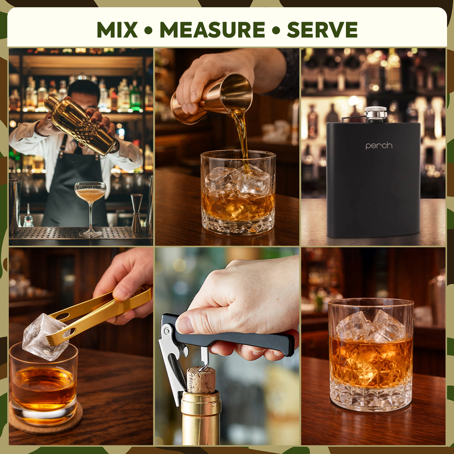9-Piece Army Print Leatherette Suitcase Bar Set with Cocktail Shaker & 3 Whisky Glasses – Golden