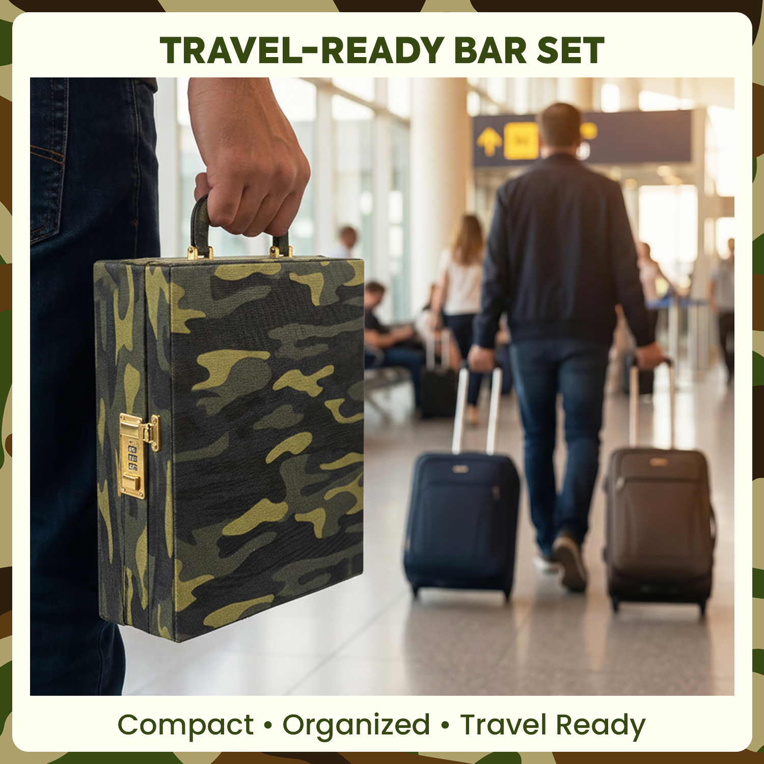 11-Piece Army Print Leatherette Suitcase Bar Set with Twist Cocktail Shaker & 4 Whisky Glasses – Silver