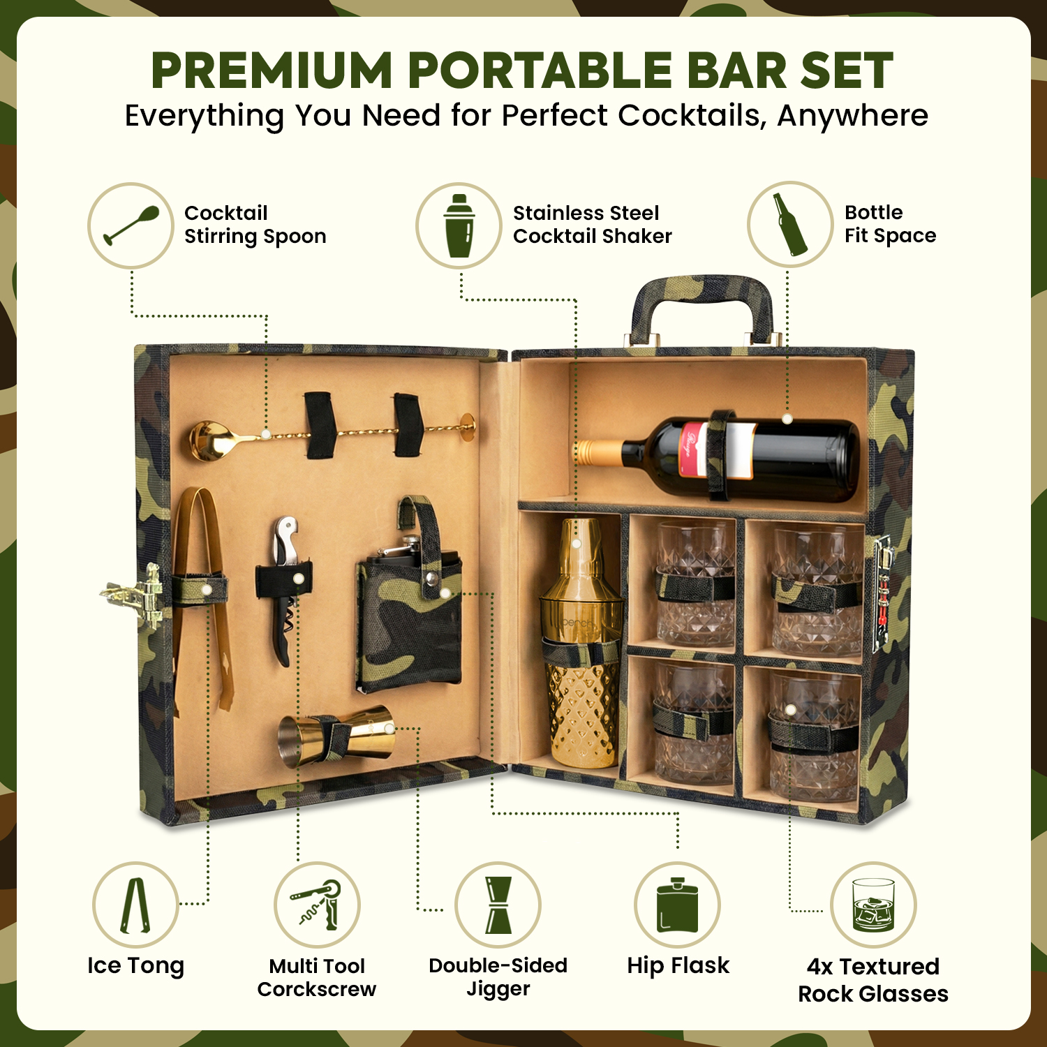 11-Piece Army Print Leatherette Suitcase Bar Set with Diamond Cocktail Shaker & 4 Whisky Glasses – Golden