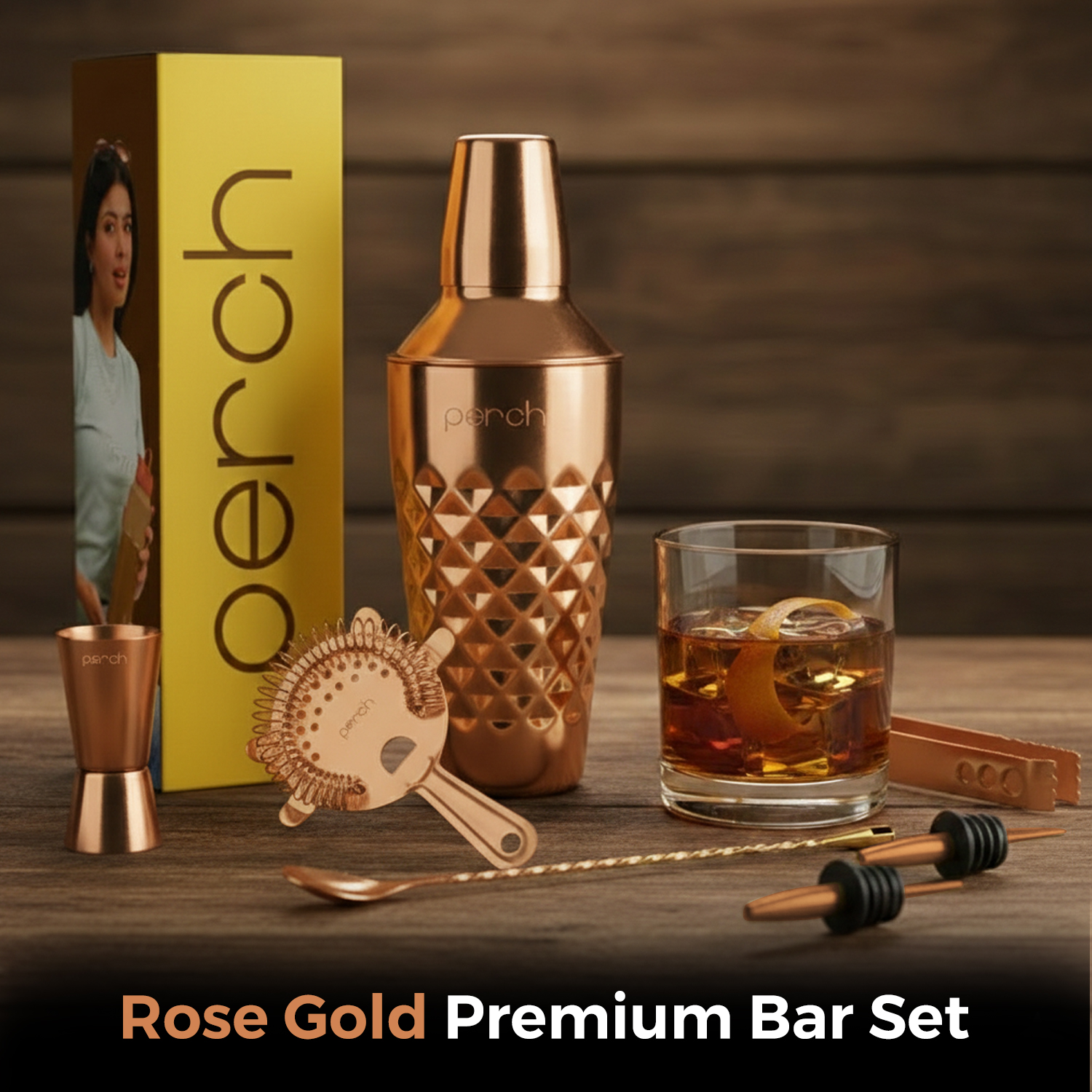 Craft 8-Piece Stainless Steel Diamond Cocktail Shaker Set with Bar Tools – Rose Gold