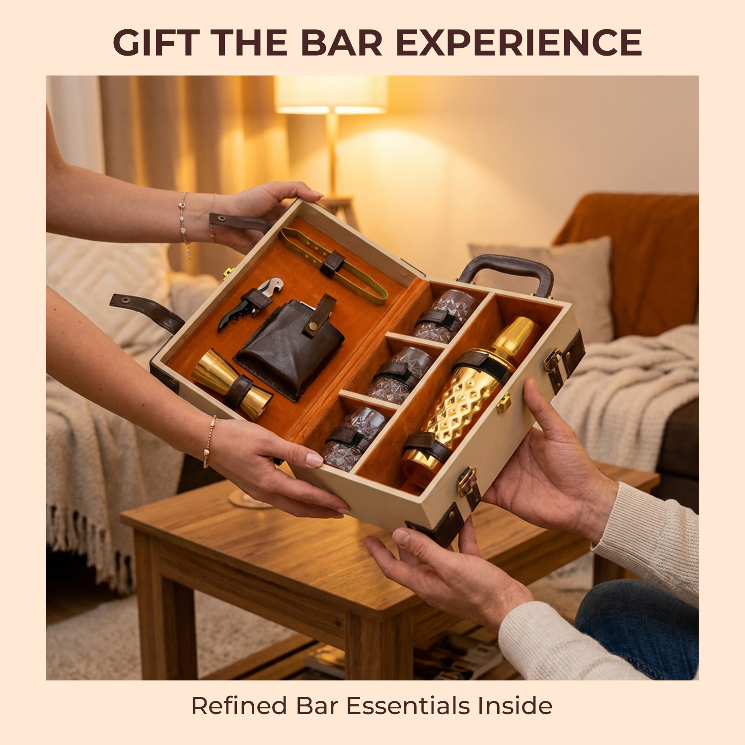9-Piece Brown Leatherette Suitcase Bar Set with Cocktail Shaker & 3 Whisky Glasses – Golden