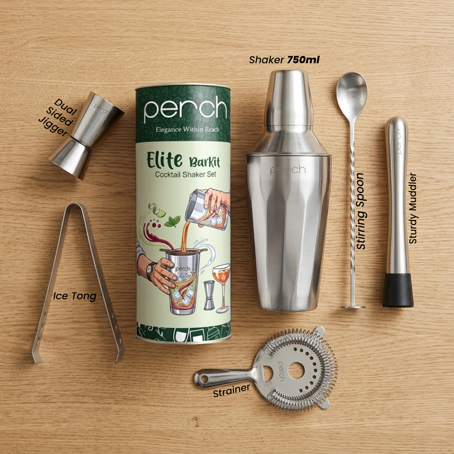 Elite 6-Piece Stainless Steel Bartender Kit | Twist Cocktail Shaker Set with Bar Tools -Silver