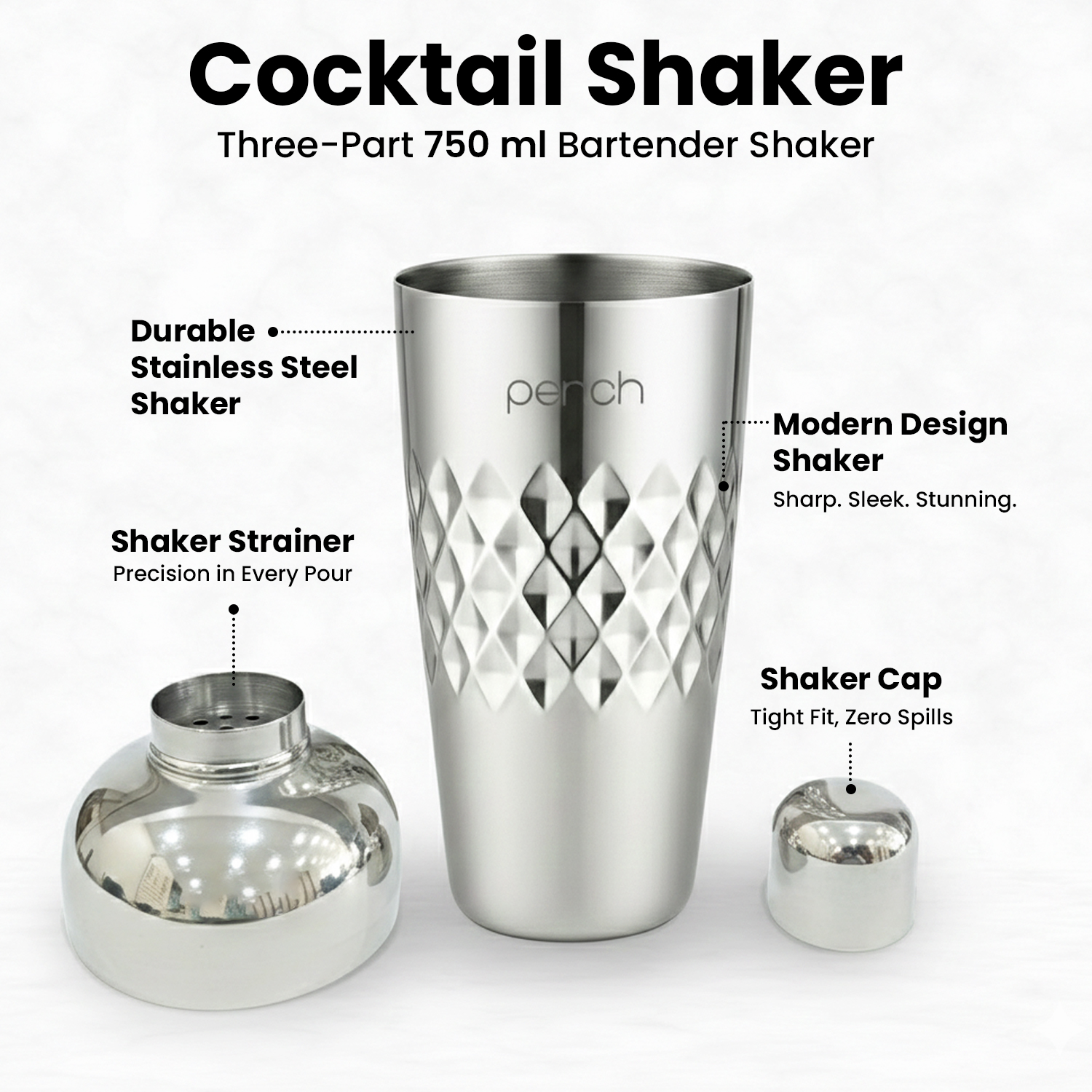 Cocktail Shaker for Cocktails & Mocktails – Stainless Steel Bar Shaker for Mixing Drinks – Silver