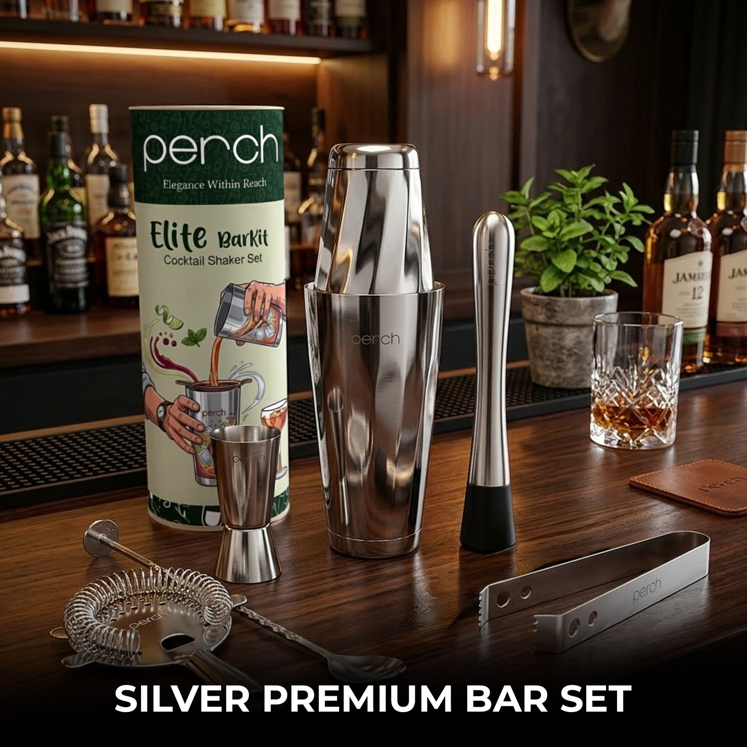 Elite 6-Piece Stainless Steel Bartender Kit | Twist Cocktail Shaker Set with Bar Tools - Silver