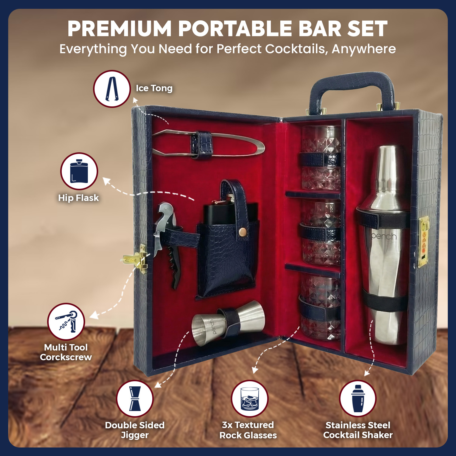 9-Piece Crocodile Print Leatherette Suitcase Bar Set with Cocktail Shaker & 3 Whisky Glasses – Silver