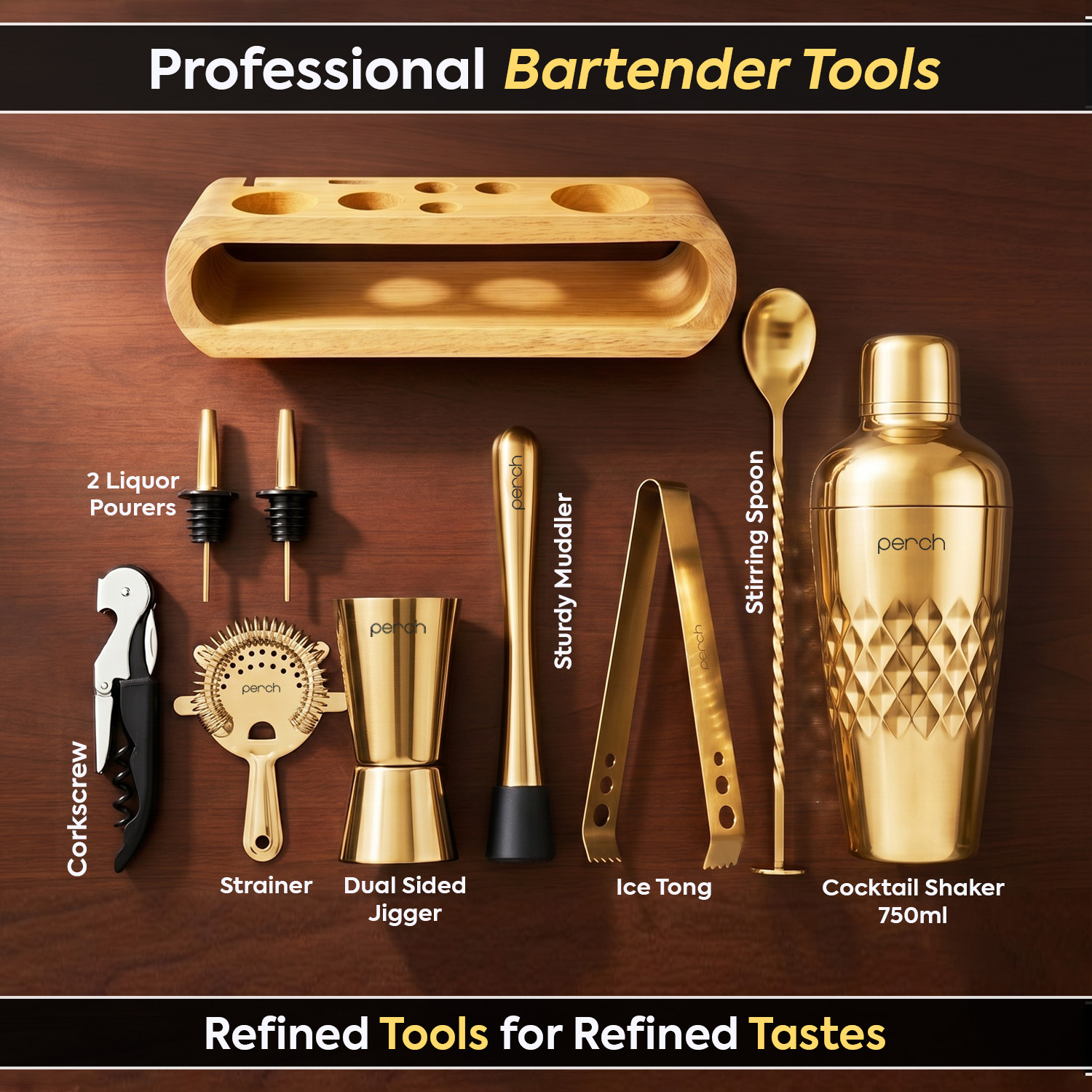 O' Holic 10-Piece Bartender Kit with Mango Wooden Stand | Belly Cocktail Shaker Gift Set | Golden