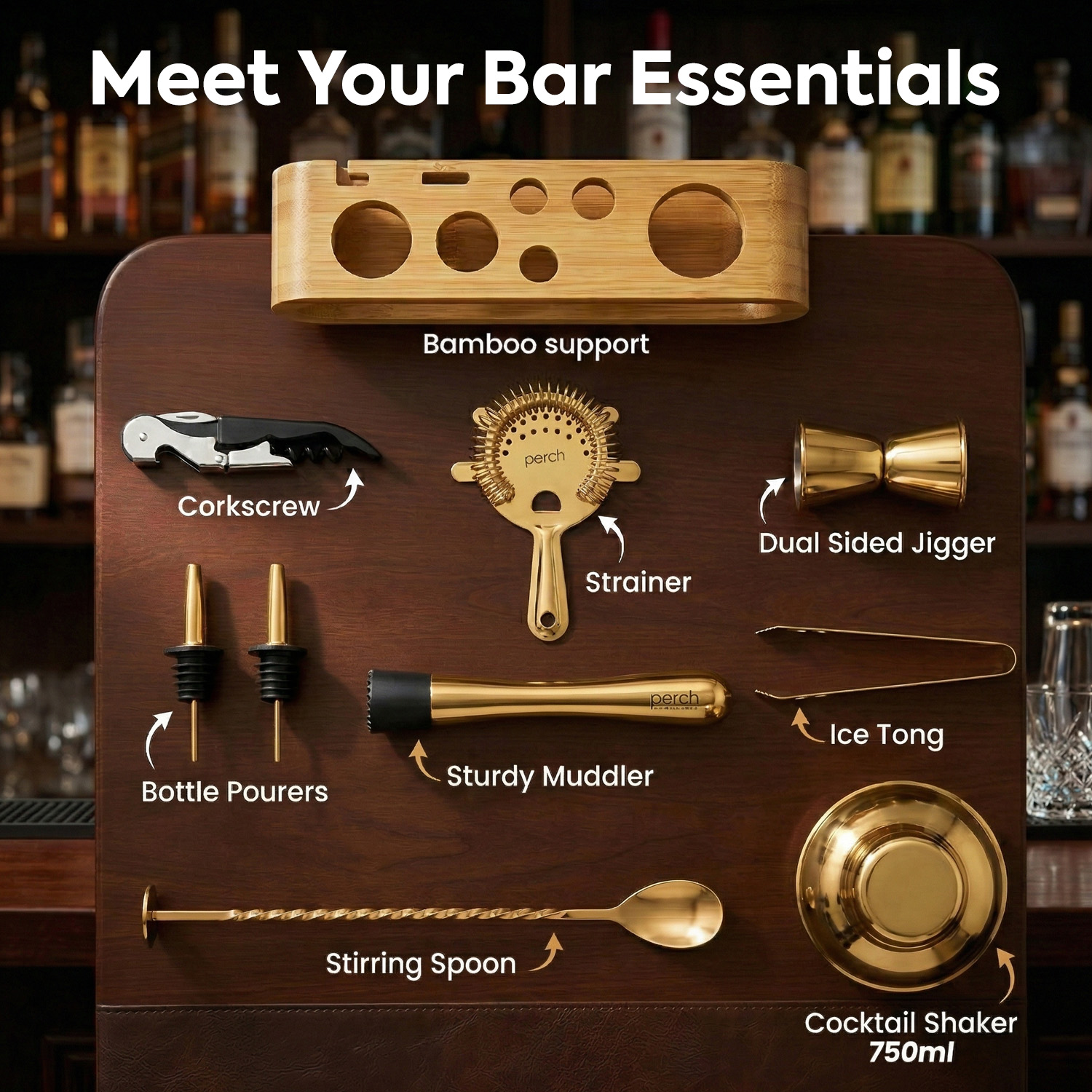 O' Holic 10-Piece Bartender Kit with Mango Wooden Stand | Diamond Cocktail Shaker Gift Set | Golden