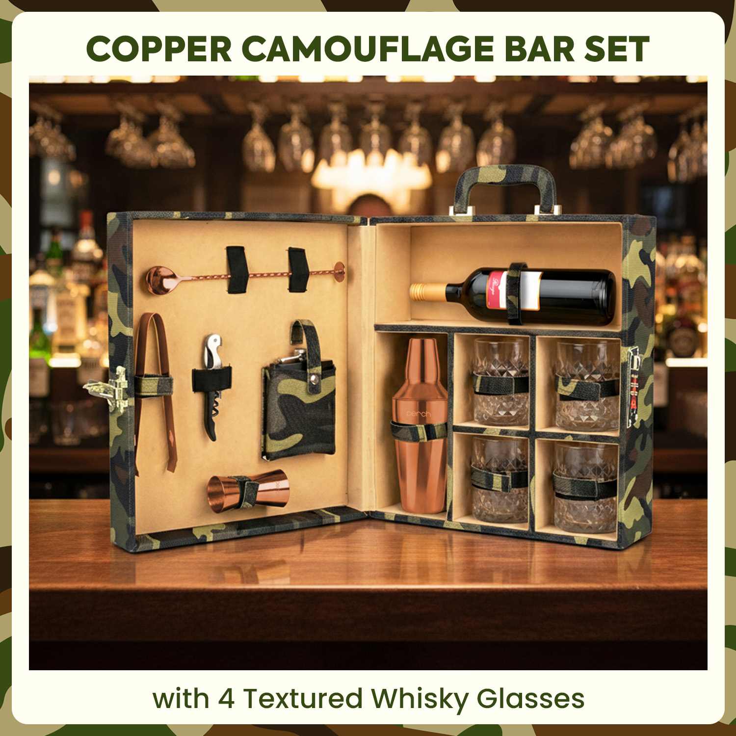 11-Piece Army Print Leatherette Suitcase Bar Set with Twist Cocktail Shaker & 4 Whisky Glasses – Rose Gold